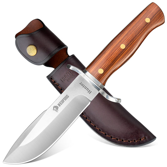 NedFoss HUNTER Jagdmesser, 11cm Bowiemesser aus D2 und Rotholzgriff mit Exquisite Ledertasche, Survival Messer für Outdoor, Extra scharf (Braun)