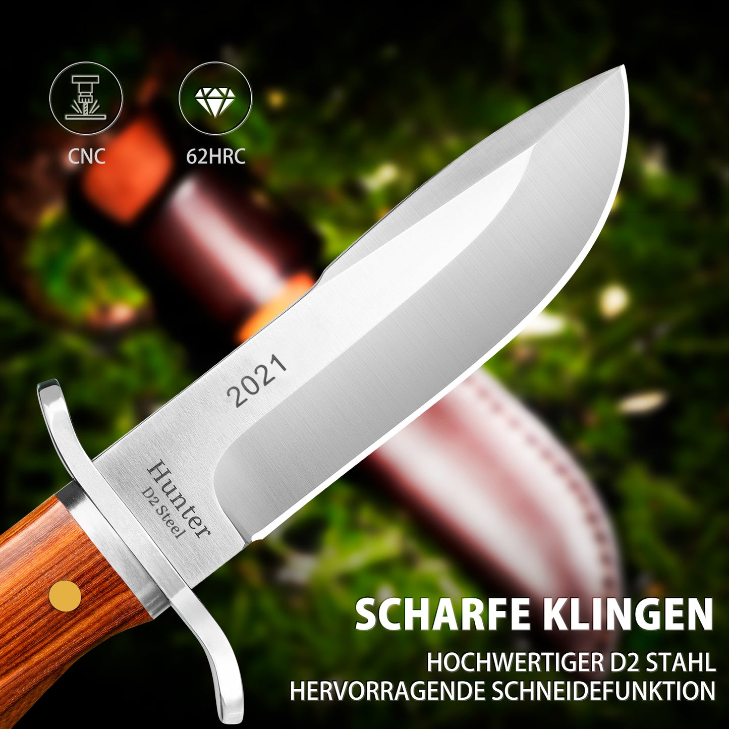 NedFoss HUNTER Jagdmesser, 11cm Bowiemesser aus D2 und Rotholzgriff mit Exquisite Ledertasche, Survival Messer für Outdoor, Extra scharf (Braun)
