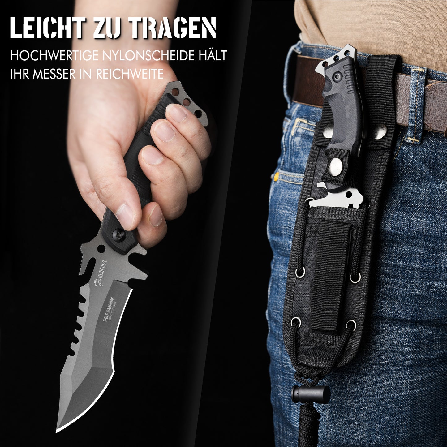 NedFoss WOLF Outdoor Survival Messer, Tactical Gürtelmesser, Überlebensmesser Survival Bushcraft Messer, Premium Qualität, schwarz