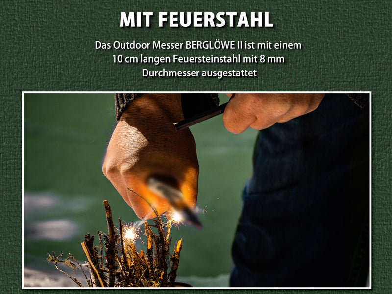 NedFoss BERGLÖWE II Outdoor Messer, 11.5cm Full Tang 14C28N Jagdmesser mit Micarta Griff, Bushcraft-Messer mit Skandi Schliff, Sharfe Survival-Messer mit Feuerstahl, Gürtelmesser mit Kydexholster