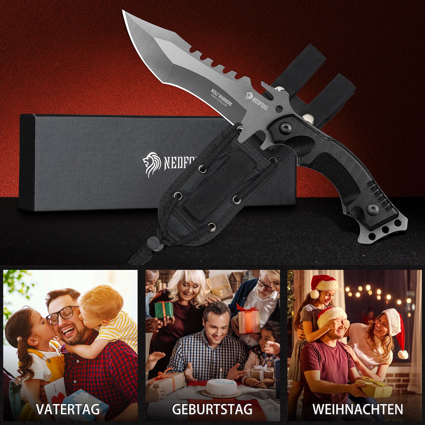 NedFoss WOLF Outdoor Survival Messer, Tactical Gürtelmesser, Überlebensmesser Survival Bushcraft Messer, Premium Qualität, schwarz