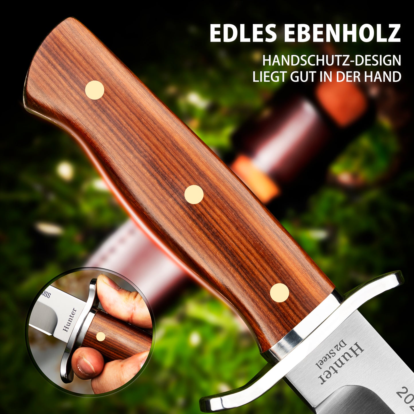 NedFoss HUNTER Jagdmesser, 11cm Bowiemesser aus D2 und Rotholzgriff mit Exquisite Ledertasche, Survival Messer für Outdoor, Extra scharf (Braun)