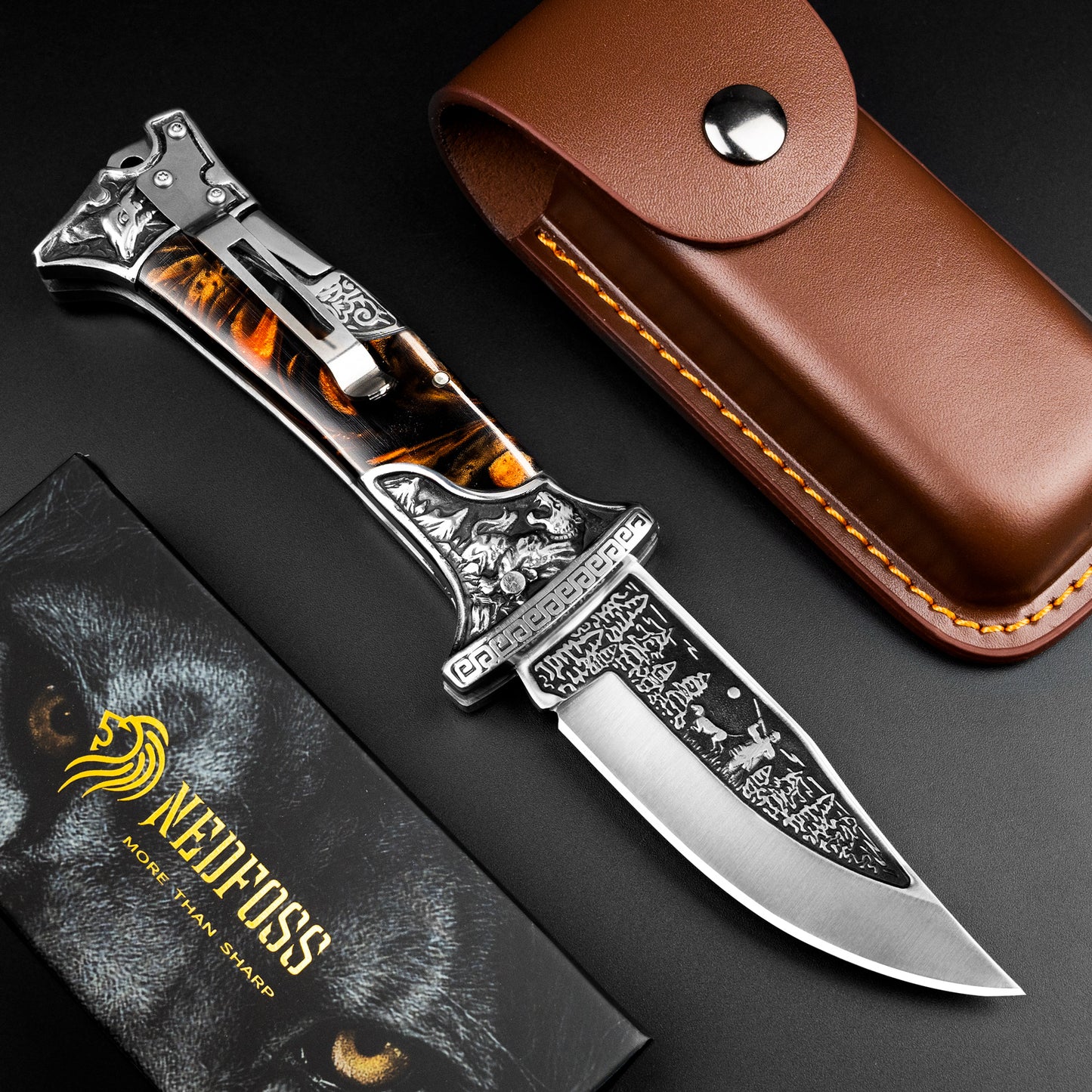 Nedfoss TIGER ROAR Zweihand- Klappmesser, TIGER ROAR Taschenmesser mit Gürtelclip, EDC Messer mit Back Lock, Outdoormesser& Jagd klappmesser in schönes Design, scharf