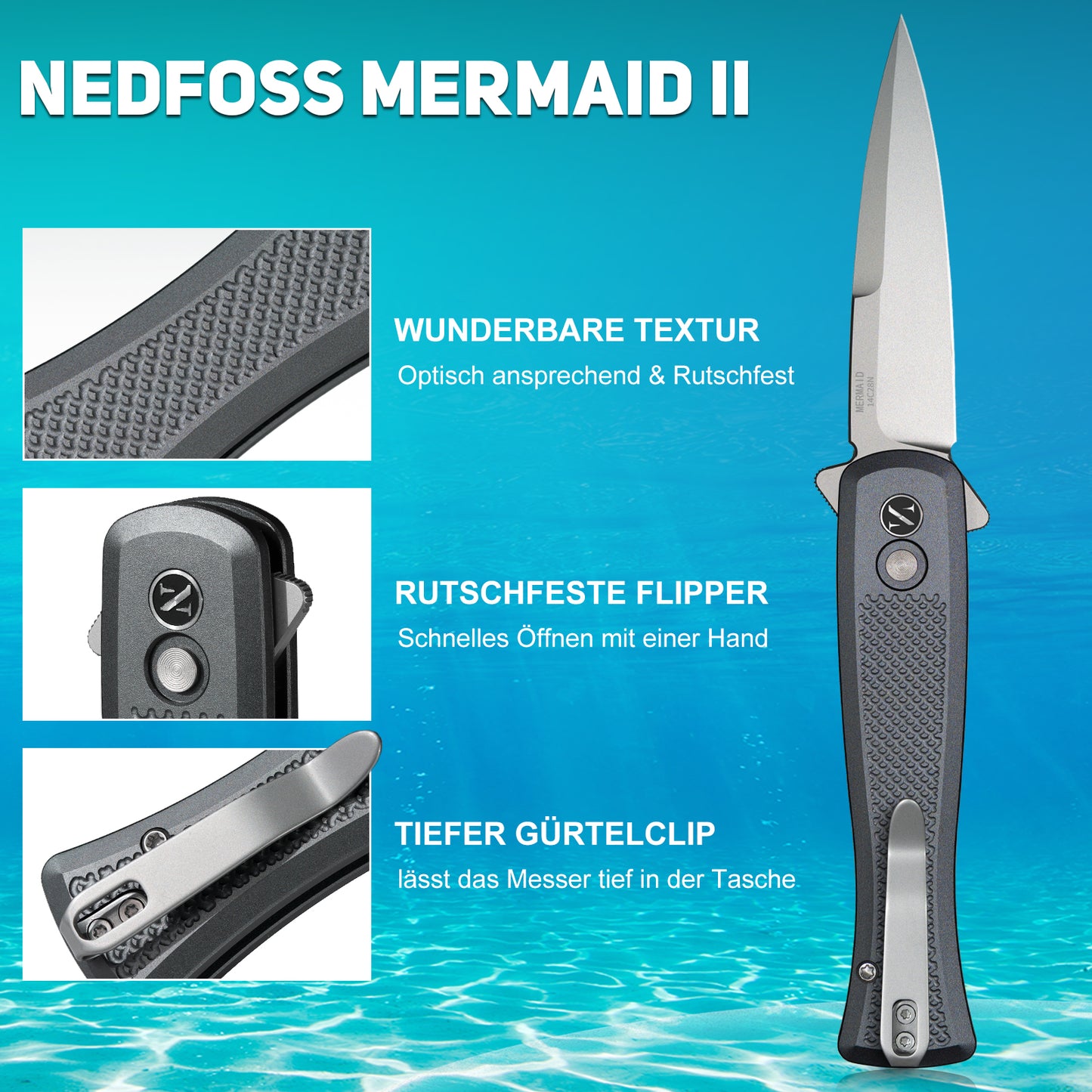 NedFoss MERMAID II Klappmesser, 8.5CM 14C28N Stahl Taschenmesser mit Button-Lock, Einhandmesser mit Aluminium-Griff, Outdoor Messer mit Gürtelclip, Survival Messer für den Alltag, Sammlung & Geschenk