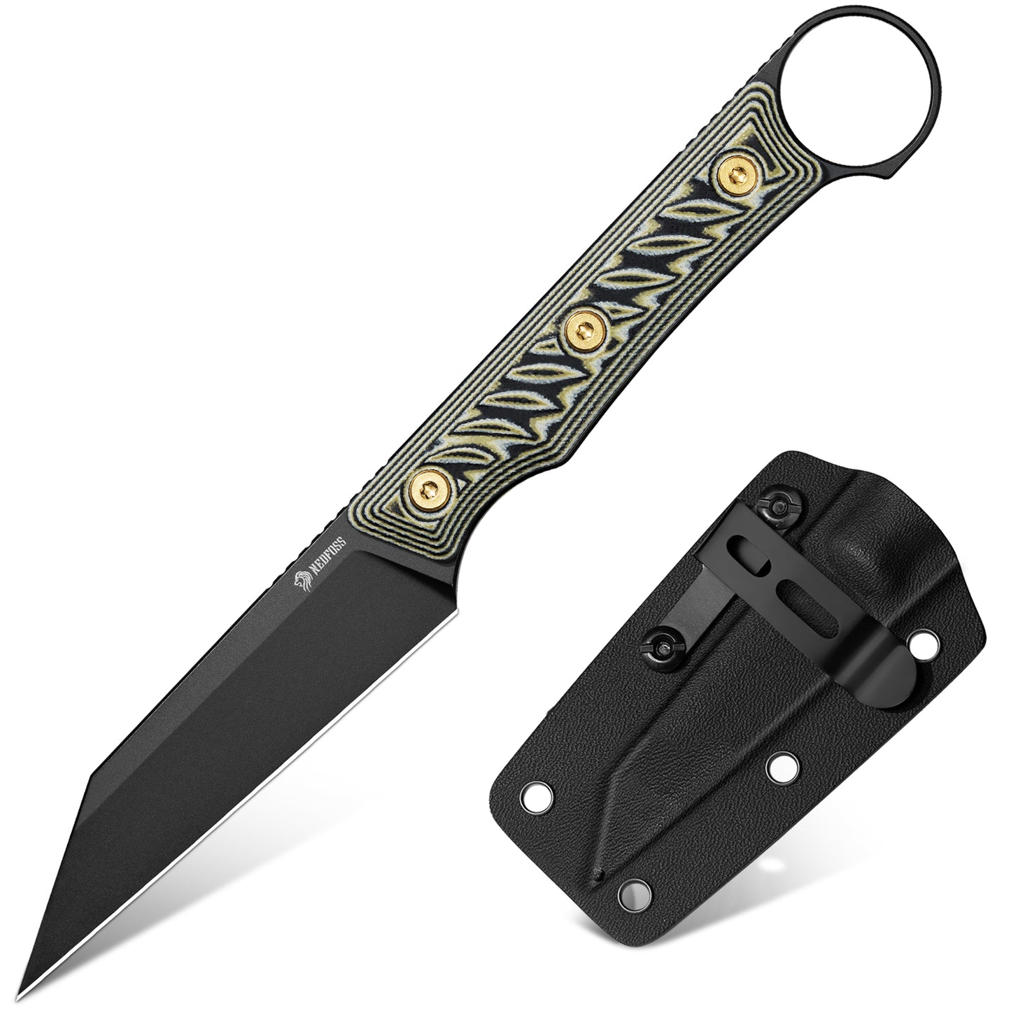 NedFoss RAVEN Jagdmesser, 8.5cm 14C28N Stahl Full Tang legales Outdoor Messer mit G10 Griff & Verstellbarer Clip, Kleines Survival Messer mit Kydexscheide, Bushcraft messer 42a konform, Edc Messer