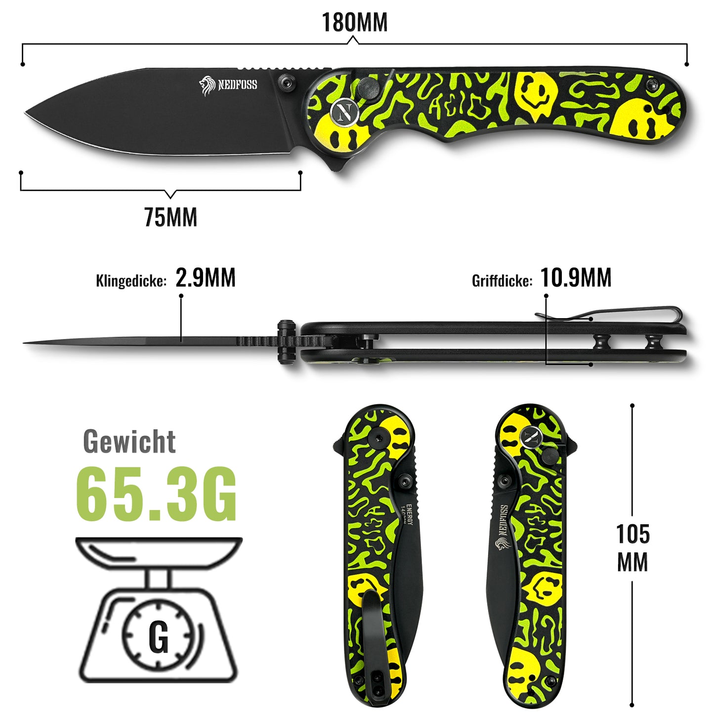 NedFoss ENERGY Klappmesser, 7.5CM 14C28N Stahl Taschenmesser mit Button-Lock, Einhandmesser mit Aluminium-Griff, Outdoor Messer mit Gürtelclip, Survival Messer für den Alltag, Sammlung & Geschenk