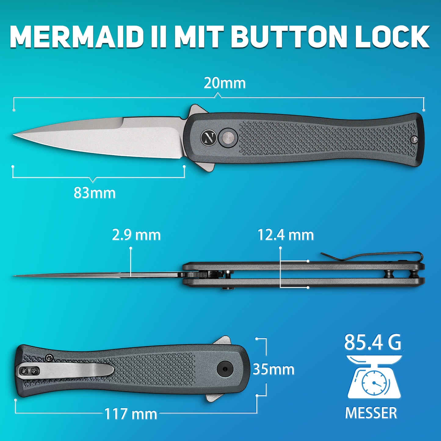 NedFoss MERMAID II Klappmesser, 8.5CM 14C28N Stahl Taschenmesser mit Button-Lock, Einhandmesser mit Aluminium-Griff, Outdoor Messer mit Gürtelclip, Survival Messer für den Alltag, Sammlung & Geschenk