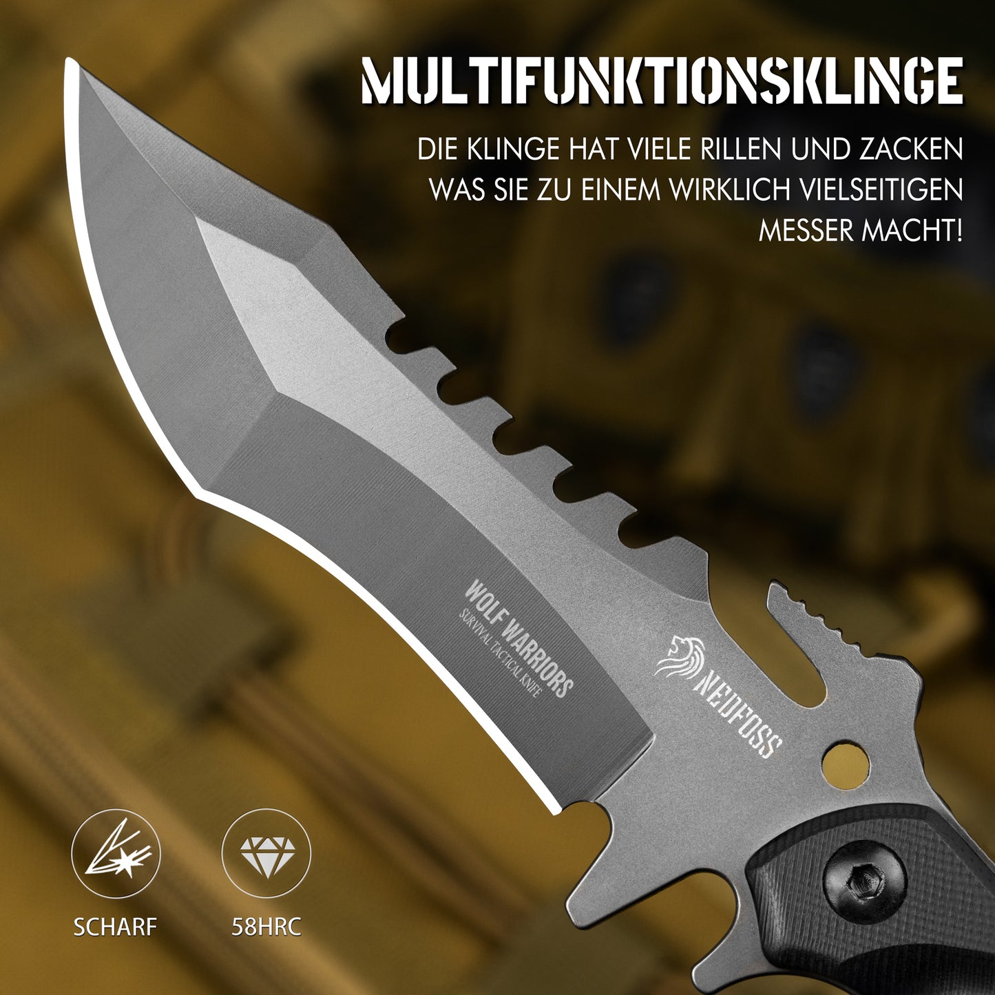 NedFoss WOLF Outdoor Survival Messer, Tactical Gürtelmesser, Überlebensmesser Survival Bushcraft Messer, Premium Qualität, schwarz