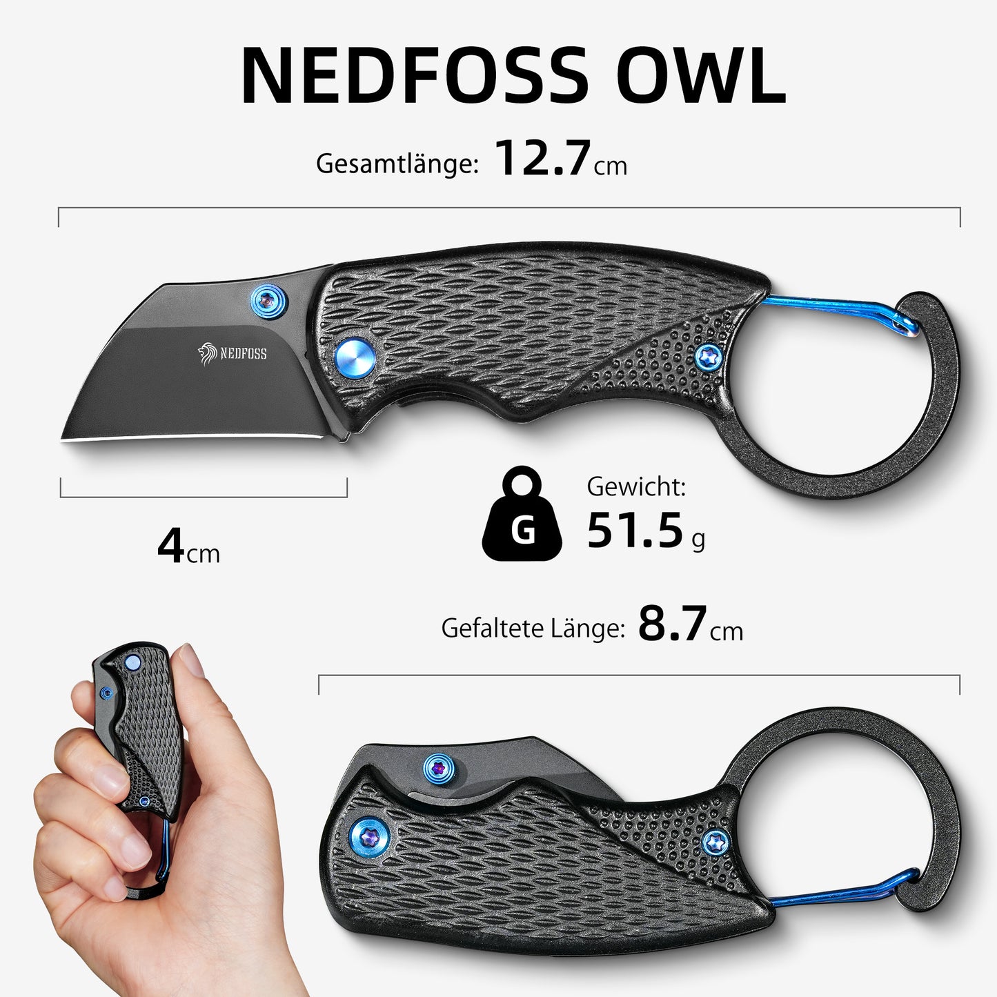 NedFoss OWL Klappmesser, 3.7cm D2 Stahl mini Taschenmesser mit Aluminiumgriff, Einhandmesser mit Liner Lock, Schlüsselanhänger Messer mit Karabiner, EDC Messer für Alltag, Sammlung & Geschenk