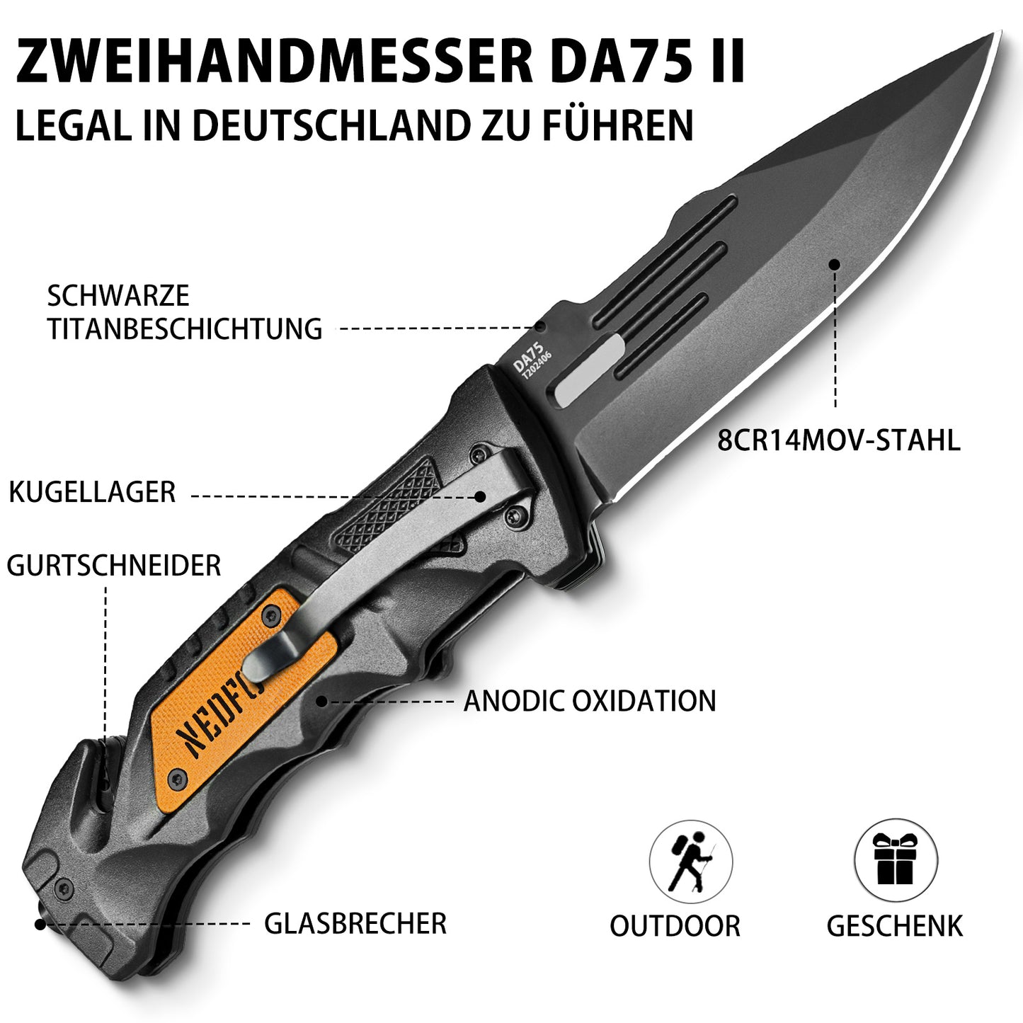 NedFoss DA75 Zweihandmesser, 10CM Taschenmesser mit Gurtschneider & Glasbrecher, Legales Klappmesser mit Liner Lock & Kugellager, Survival Messer Outdoor, Rettungsmesser mit Clip in Geschenk-Box