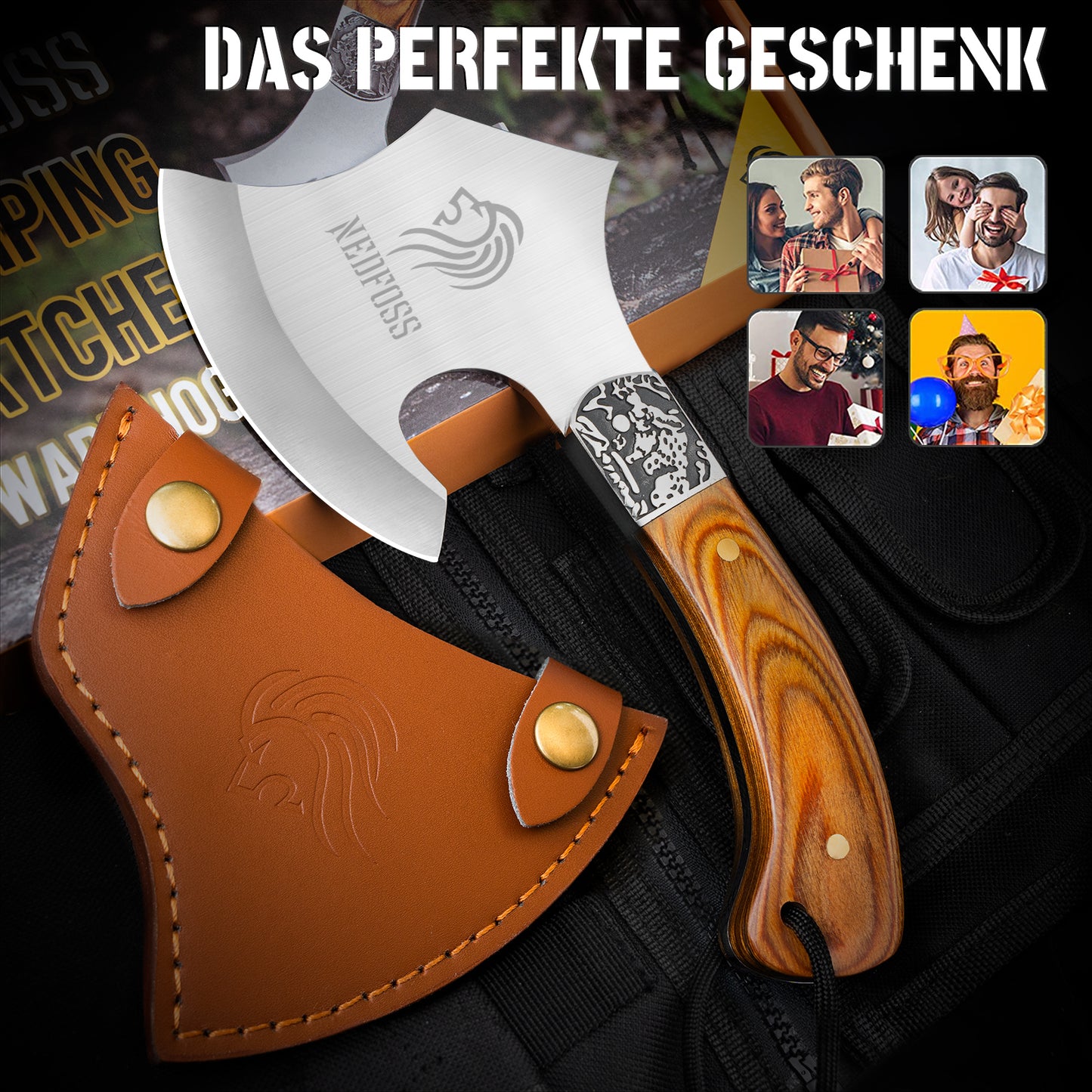NedFoss WARTHOG Axt & Camping Axt, Outdoor - Axt | Survival-Axt, Erwachsene Äxte Camping Hatchet Beil, inkl. Kopftasche, Holz Griff