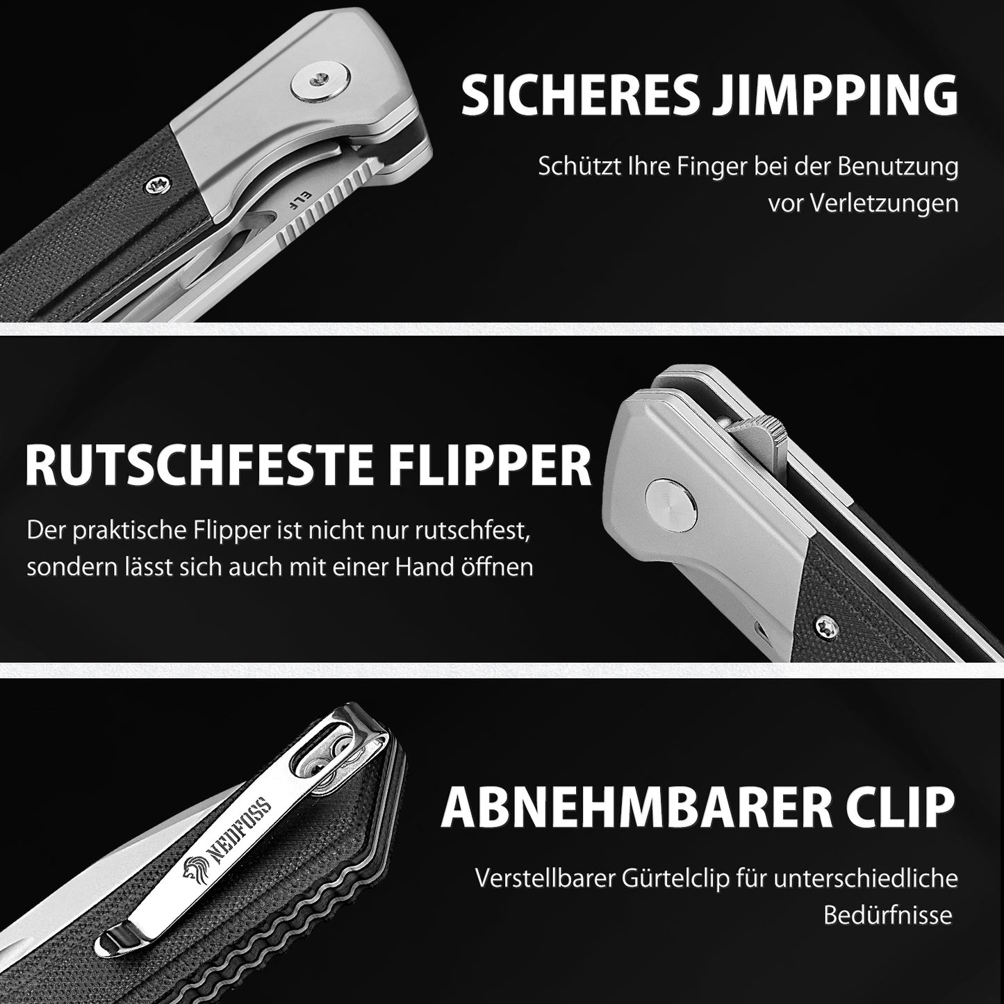 Nedfoss ELF Klappmesser, Scharfes Taschenmesser aus D2 Stahl und G10 Griff, EDC messer mit Gürtelclip