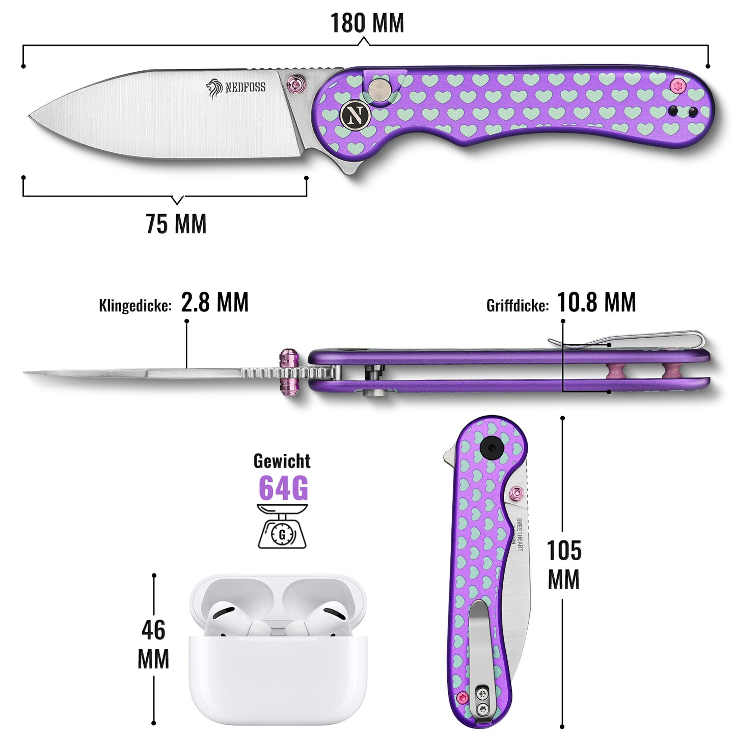 NedFoss SWEETHEART Klappmesser, 7.5CM 14C28N Stahl Taschenmesser mit Button-Lock, Einhandmesser mit Aluminium-Griff, Outdoor Messer mit Gürtelclip, Survival Messer für den Alltag, Sammlung & Geschenk