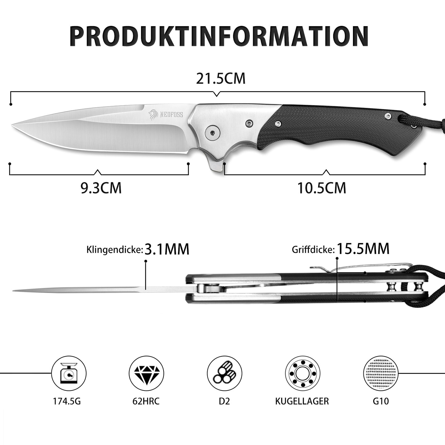 Nedfoss SWAN Klappmesser, D2 Stahl Taschenmesser mit G10 Griff, Scharfes Einhandmesser Klappmesser mit Gürtelclip