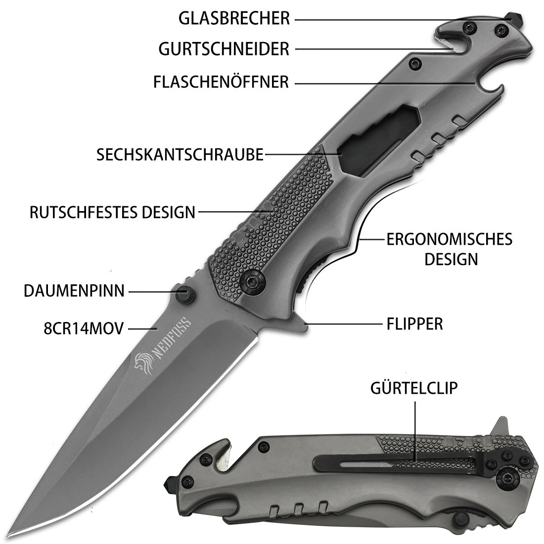 NedFoss FA48 Klappmesser, 4-in-1 Outdoor Taschenmesser, Survival Einhandmesser, Scharfes Rettungsmessermit Flascheöffner, Gurtschneider und Glasbrecher