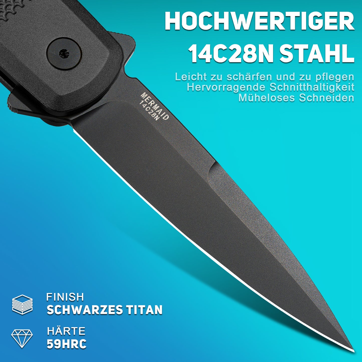 NedFoss MERMAID II Klappmesser, 8.5CM 14C28N Stahl Taschenmesser mit Button-Lock, Einhandmesser mit Aluminium-Griff, Outdoor Messer mit Gürtelclip, Survival Messer für den Alltag, Sammlung & Geschenk