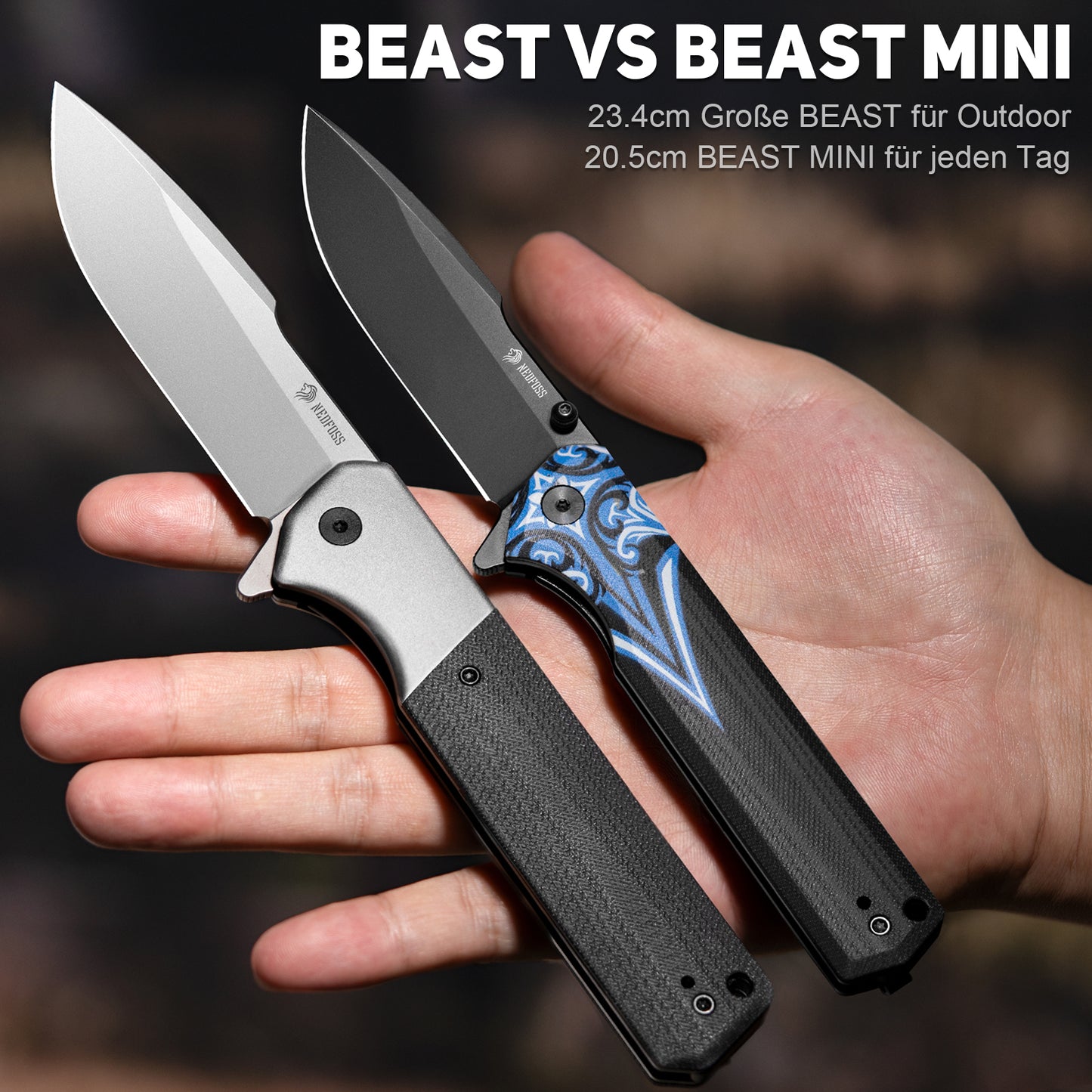 NedFoss BEAST Klappmesser, Klingenlänge 8.7cm aus D2 Stahl Taschenmesser mit G10 Griff, Einhandmesser mit Liner Lock & Kugellager, Outdoor Messer mit Clip, Survival Messer für Sammlung & Geschenk
