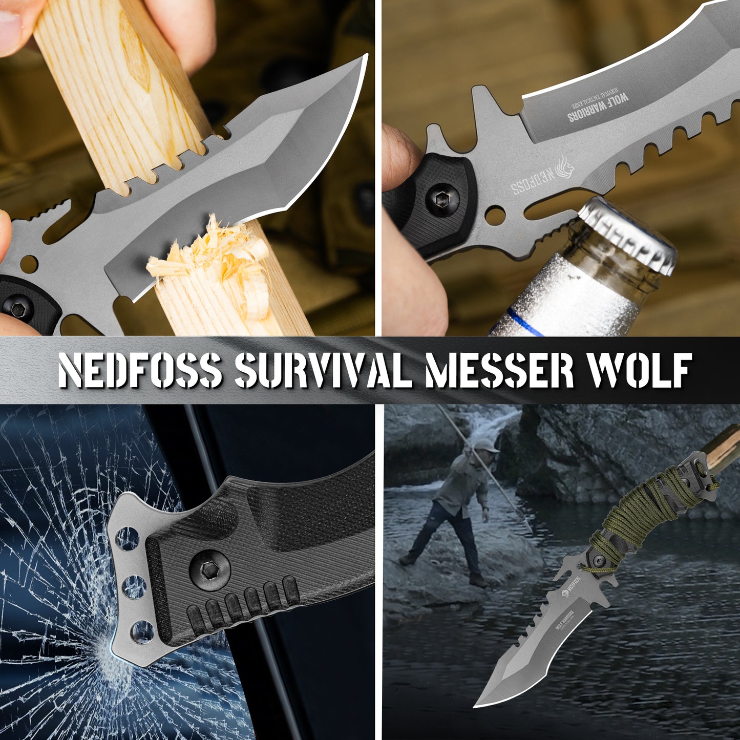 NedFoss WOLF Outdoor Survival Messer, Tactical Gürtelmesser, Überlebensmesser Survival Bushcraft Messer, Premium Qualität, schwarz