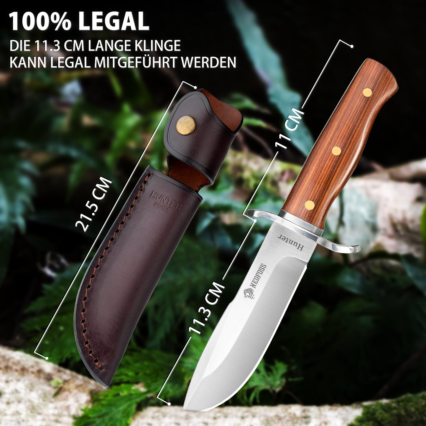 NedFoss HUNTER Jagdmesser, 11cm Bowiemesser aus D2 und Rotholzgriff mit Exquisite Ledertasche, Survival Messer für Outdoor, Extra scharf (Braun)