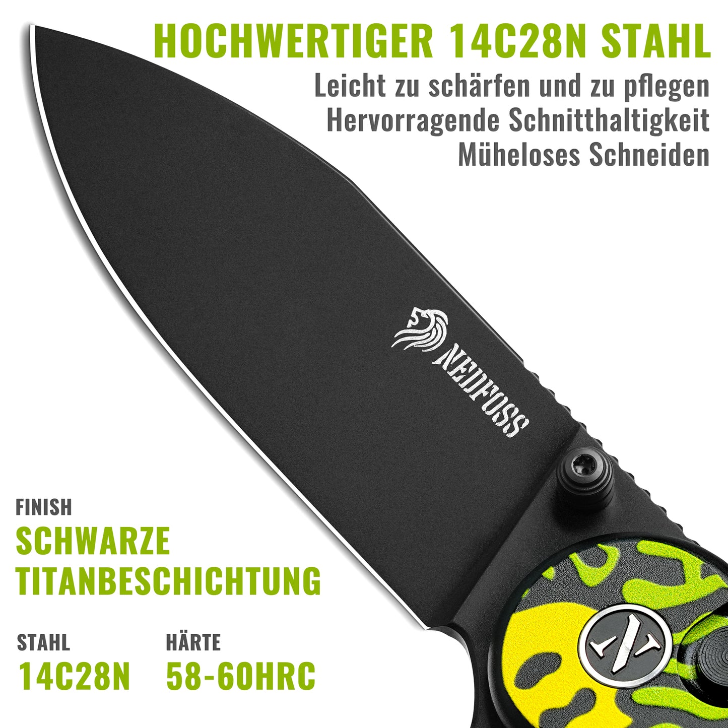 NedFoss ENERGY Klappmesser, 7.5CM 14C28N Stahl Taschenmesser mit Button-Lock, Einhandmesser mit Aluminium-Griff, Outdoor Messer mit Gürtelclip, Survival Messer für den Alltag, Sammlung & Geschenk