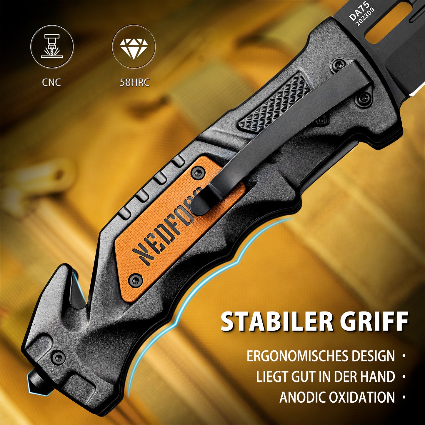 NedFoss DA75 Zweihandmesser, 10CM Taschenmesser mit Gurtschneider & Glasbrecher, Legales Klappmesser mit Liner Lock & Kugellager, Survival Messer Outdoor, Rettungsmesser mit Clip in Geschenk-Box