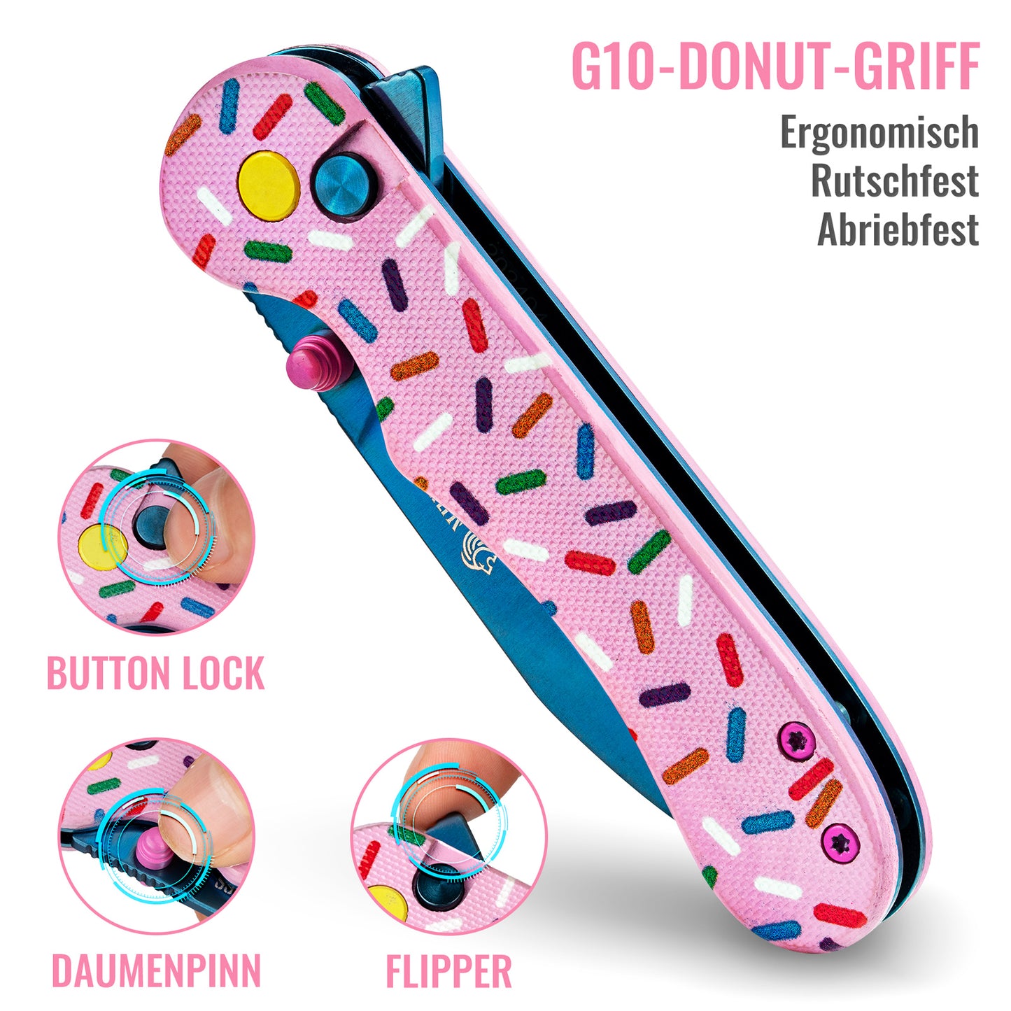 NedFoss DONUT Klappmesser, 7.5cm 14C28N Stahl Taschenmesser mit Button-Lock