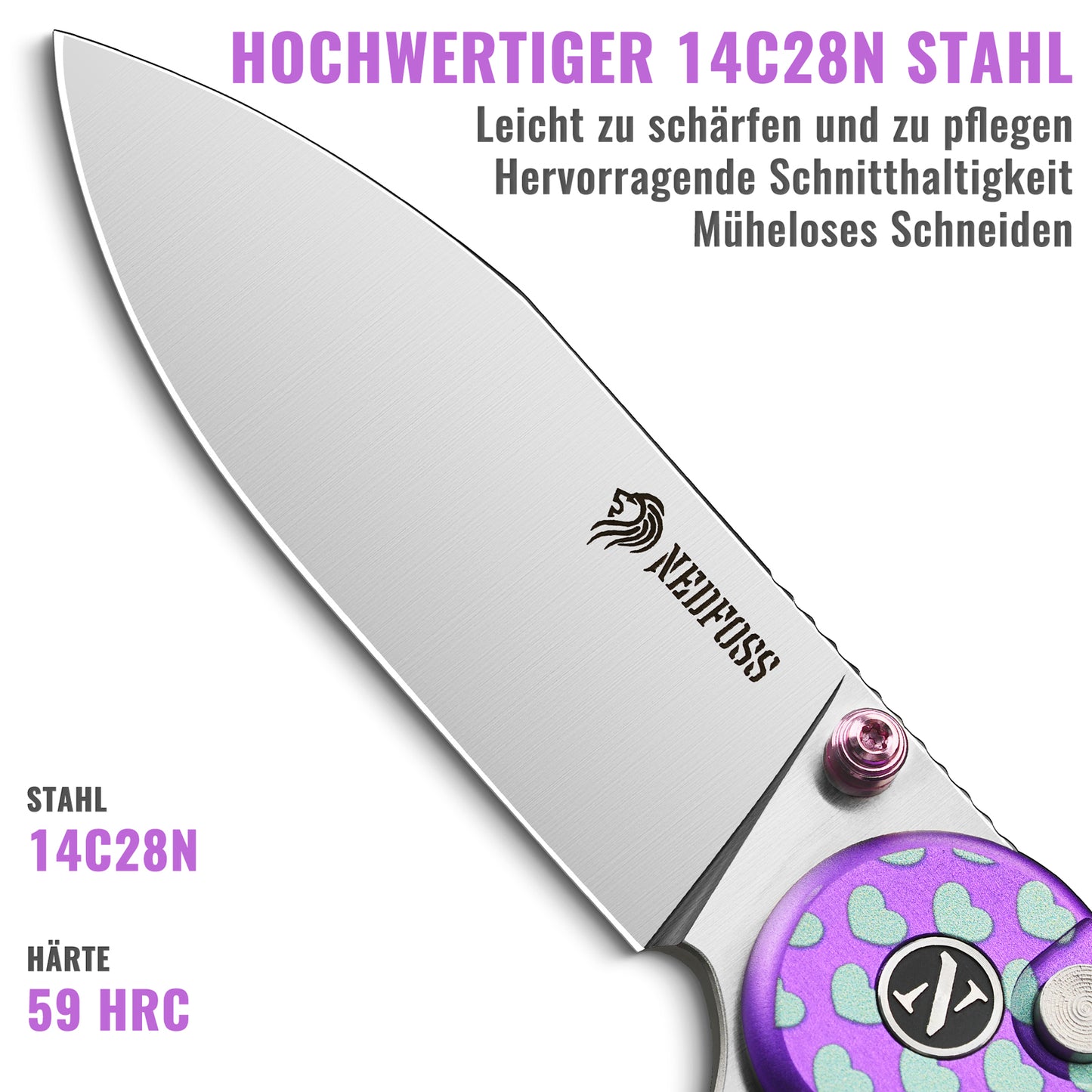NedFoss SWEETHEART Klappmesser, 7.5CM 14C28N Stahl Taschenmesser mit Button-Lock, Einhandmesser mit Aluminium-Griff, Outdoor Messer mit Gürtelclip, Survival Messer für den Alltag, Sammlung & Geschenk