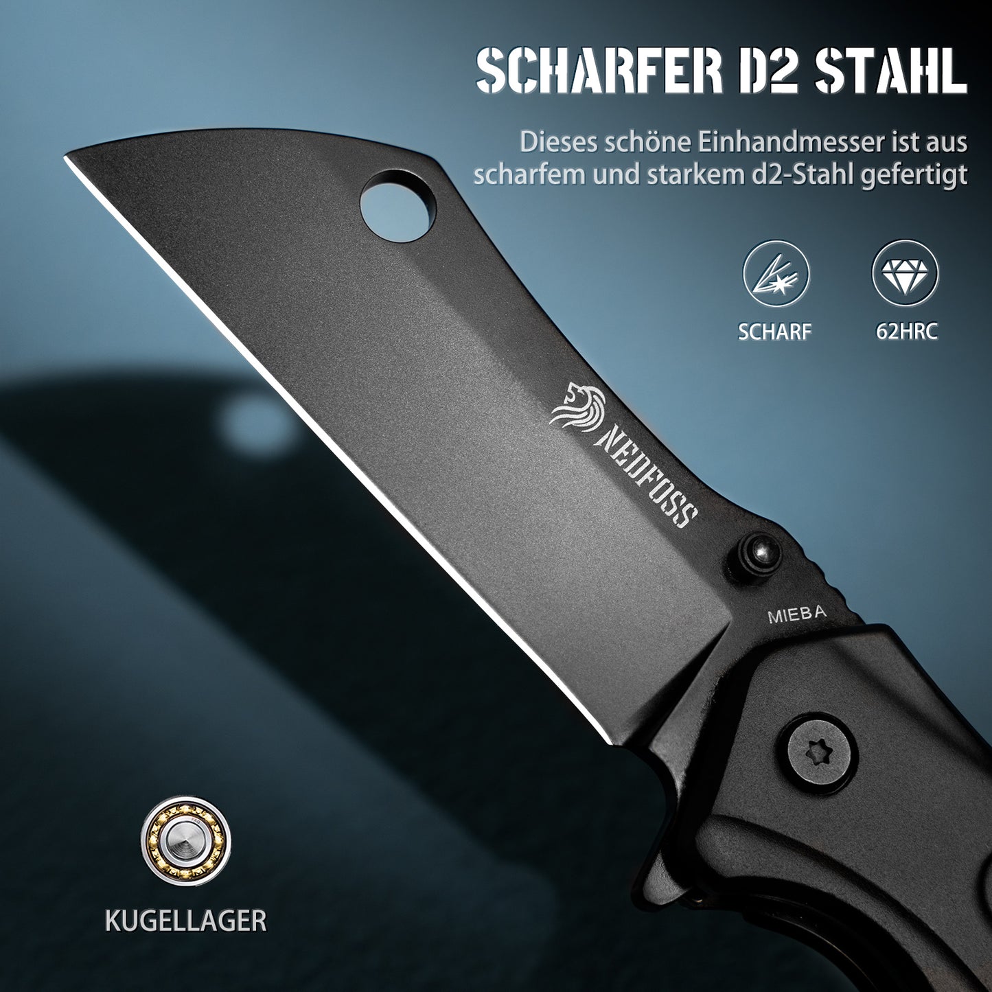 NedFoss MIEBA Klappmesser Outdoor, D2 Taschenmesser mit Cleaver-Klinge , 8,5cm Einhandmesser mit Scheide, Scharfes Outdoor Messer mit Gürtelclip, Survival Messer für Sammlung & Geschenke