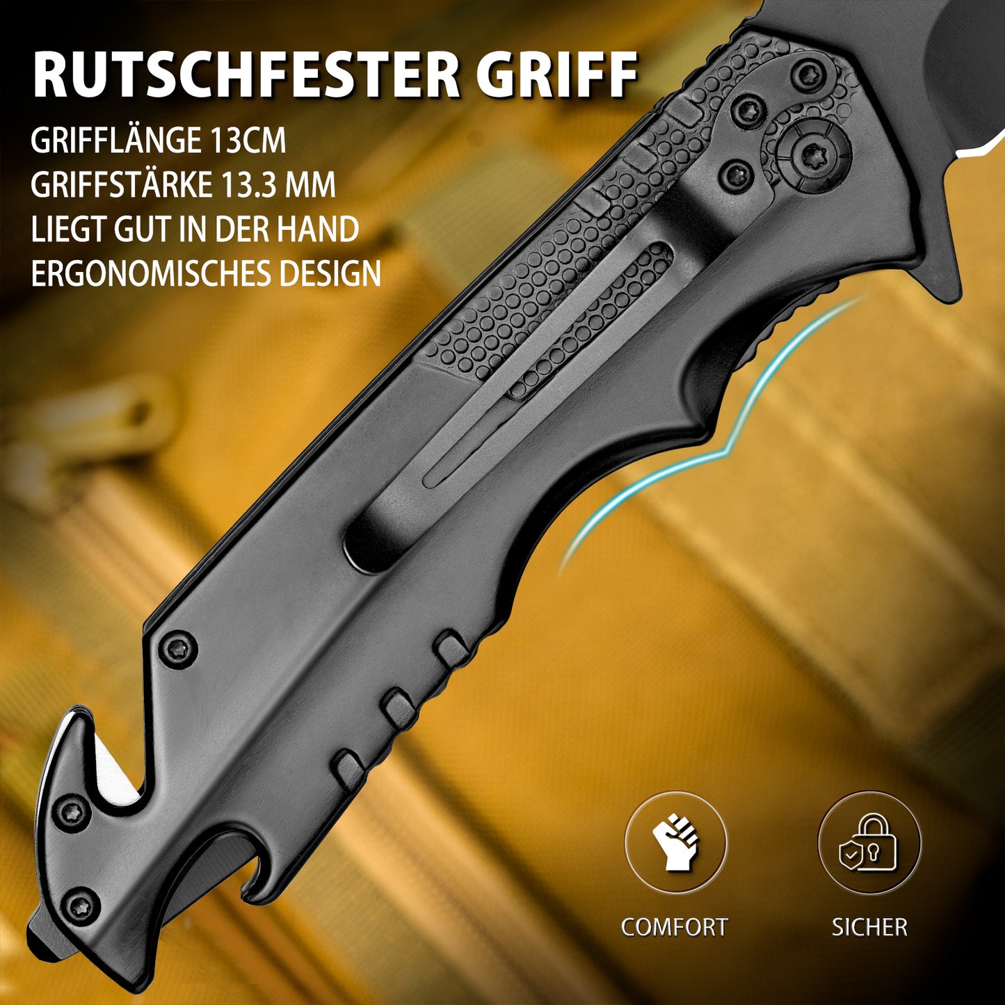 NedFoss FA48 Klappmesser, 4-in-1 Outdoor Taschenmesser, Survival Einhandmesser, Scharfes Rettungsmessermit Flascheöffner, Gurtschneider und Glasbrecher