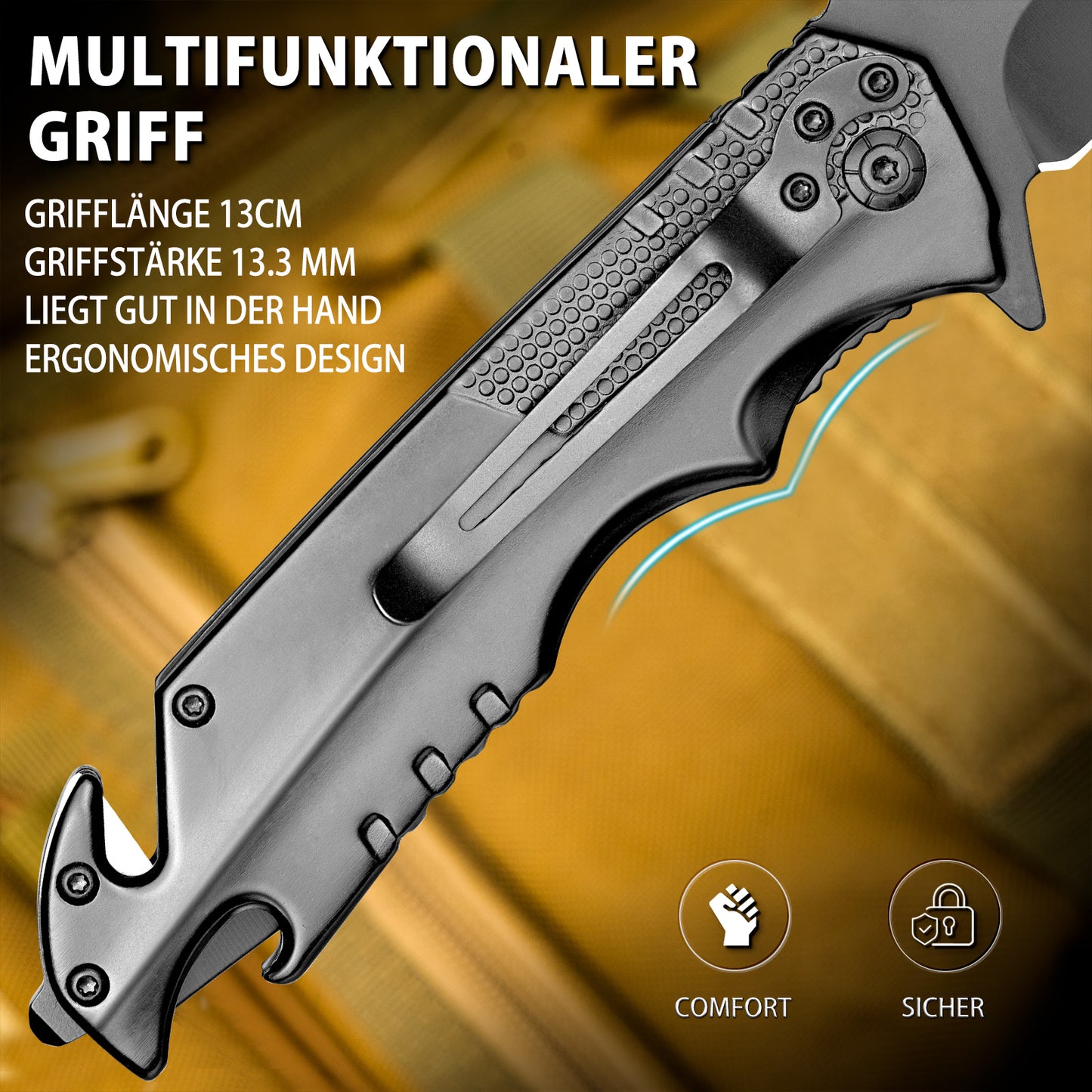 NedFoss FA48 Klappmesser, 4-in-1 Outdoor Taschenmesser, Survival Einhandmesser, Scharfes Rettungsmessermit Flascheöffner, Gurtschneider und Glasbrecher
