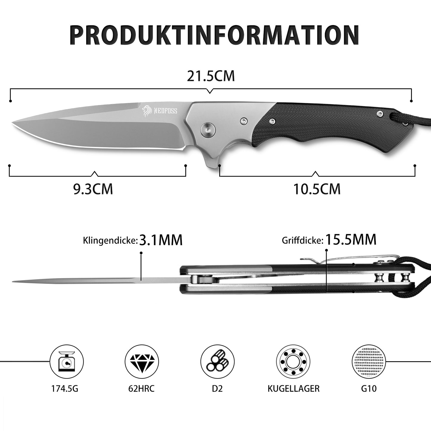 NedFoss SWAN Klappmesser scharf,Taschenmesser klappmesser, Scharfes Klappmesser Outdoor Messer aus D2 Stahl,Jagdmesser mit G10 Griff, Einhandmesser,Survival Klappmesser mit Gürtelclip