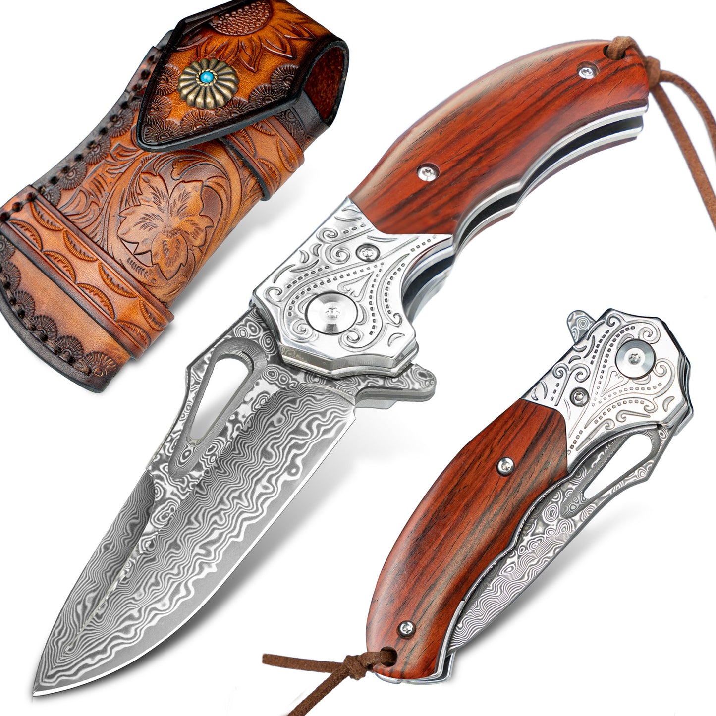 Nedfoss TIGER SHARK Damast Taschenmesser, Damast Klappmesser mit Scheide, scharfes damast Einhandmesser mit Holzgriff, Vatertagsgeschenk