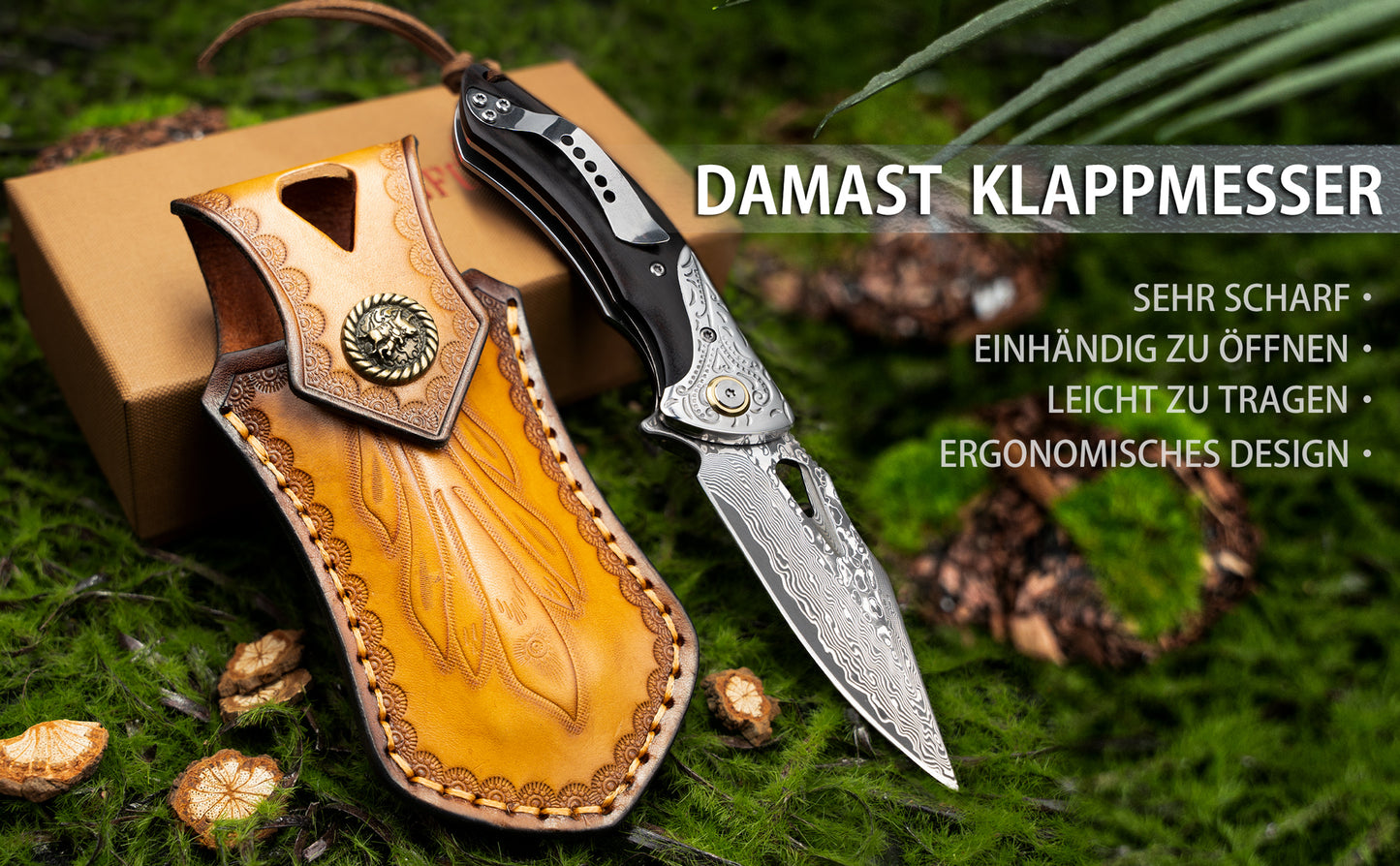 NedFoss GRIFFIN Damast Taschenmesser und Holzgriff, Damast Klappmesser mit Scheide, scharfes Jagdmesser, Geschenk Messer für Männer oder Frauen