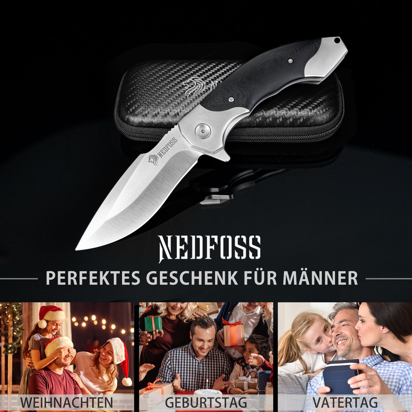 NedFoss SHARK Klappmesser, D2 Steel Taschenmesser, Einhandmeeser mit Messing Lager, Outdoor Taschenmesser mit Gürtelclip, Locking-Liner-Arretierung, Extra Scharf