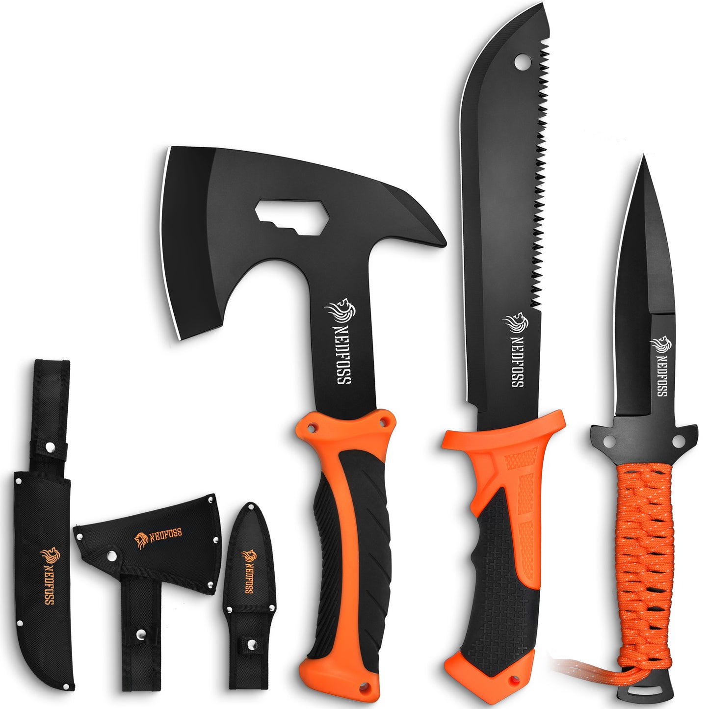 NedFoss JUNGLE AXES SET 3er Survival Outdoor Messer Set, Camping Messer Set inkl. Camping Axt & Outdoor Messer & Gürtelmesser