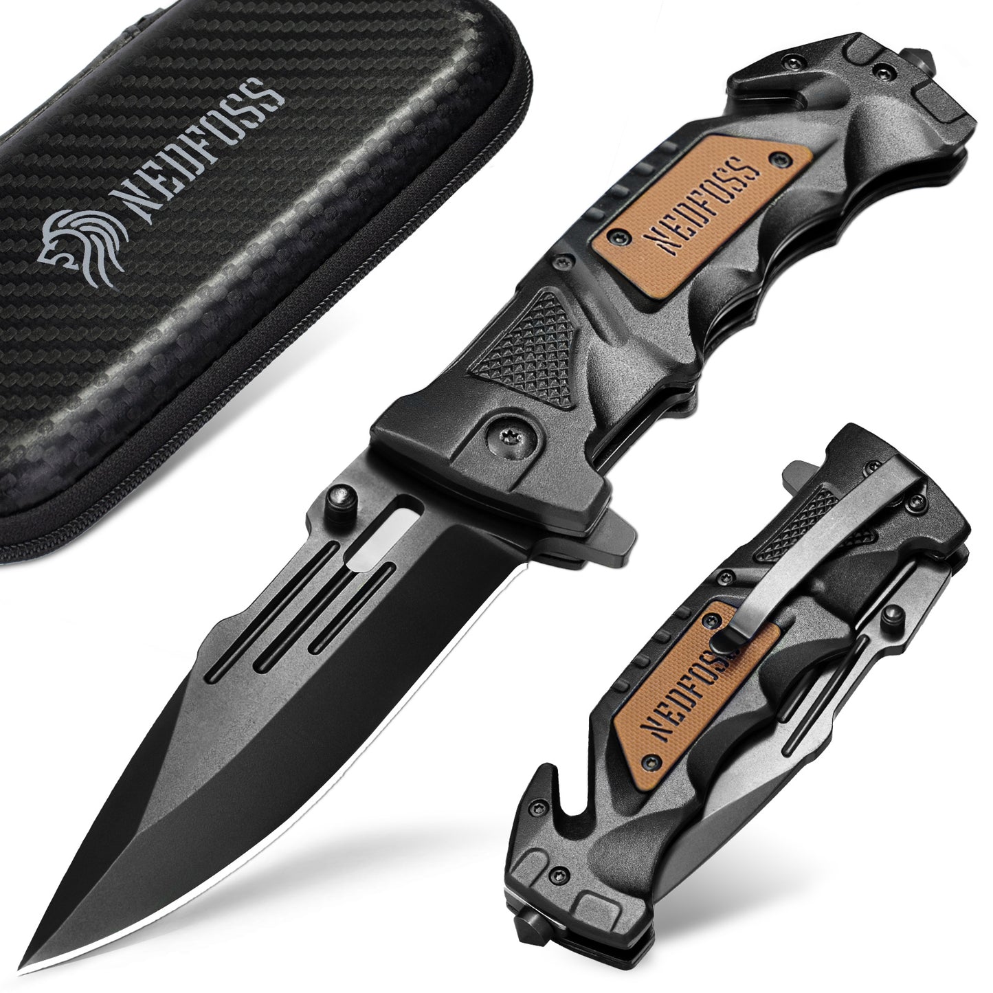 NedFoss DA75 Klappmesser - 3 IN 1 Taschenmesser mit Glasbrecher und Gurtschneider, Einhandmesser, Rettungsmesser, Überlebensmesser, Vielseitiges Survival Messer