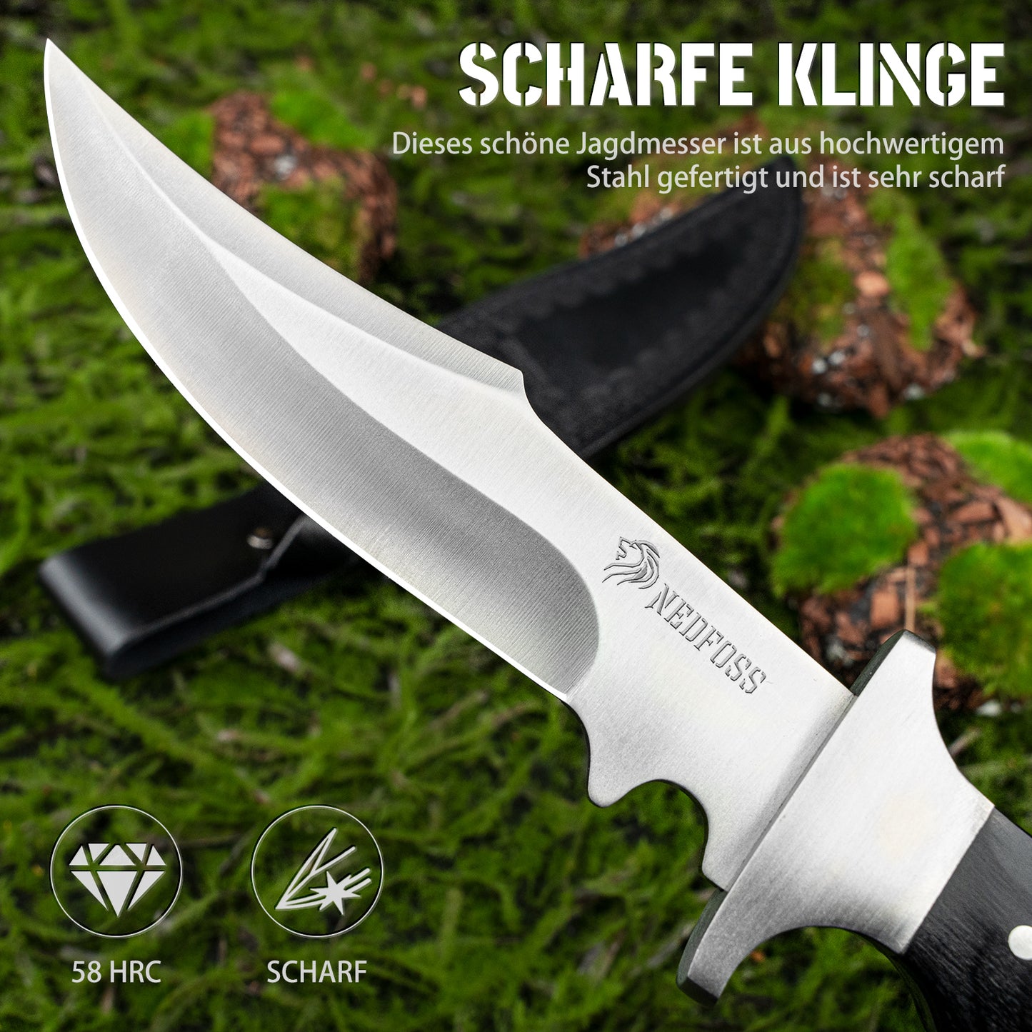 NedFoss TIGER Outdoor Messer, 16cm Jagdmesser, Camping Gürtelmesser, Bushcraft Messer