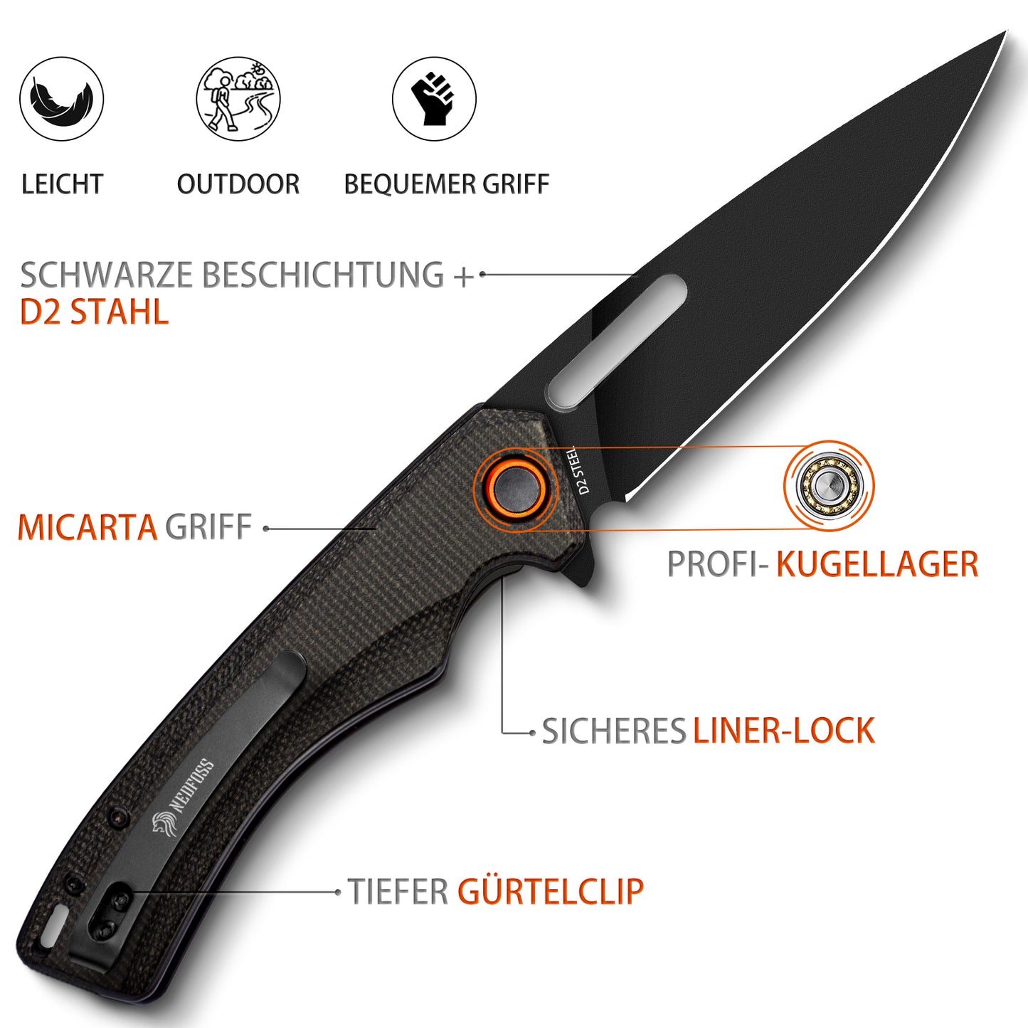 NedFoss BLACK MAMBA Klappmesser, Sharf Taschenmesser aus 9cm D2 Stahl und Micarta Griff, Einhandmesser mit Gürtelclip