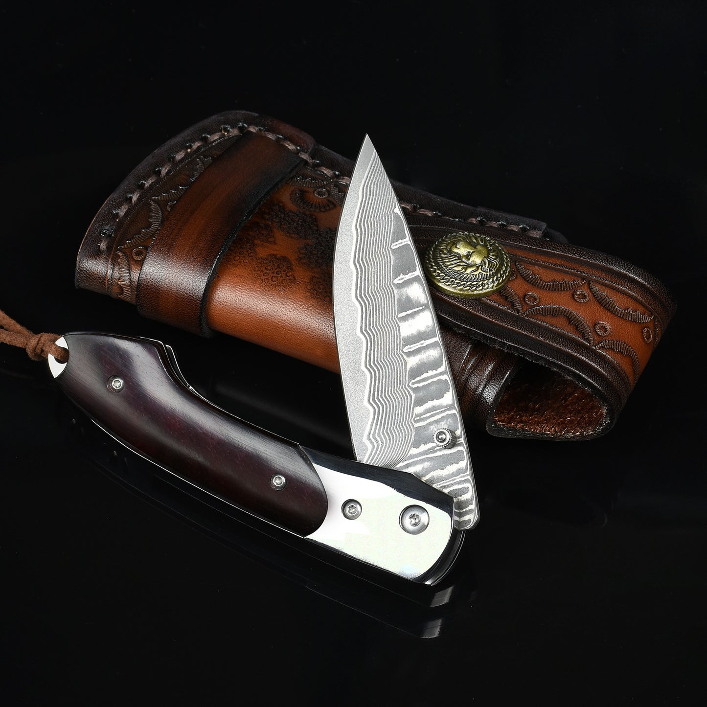 NedFoss SWORDFISH Damast Taschenmesser, Damastmesser Klappmesser mit Exquisit leder Holster