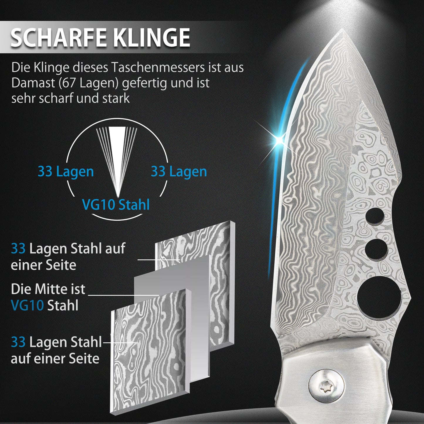 NedFoss PARROT Damast Taschenmesser, Damast     Klappmesser, EDC Messer aus Damaststahl und Holzgriff, extra scharf