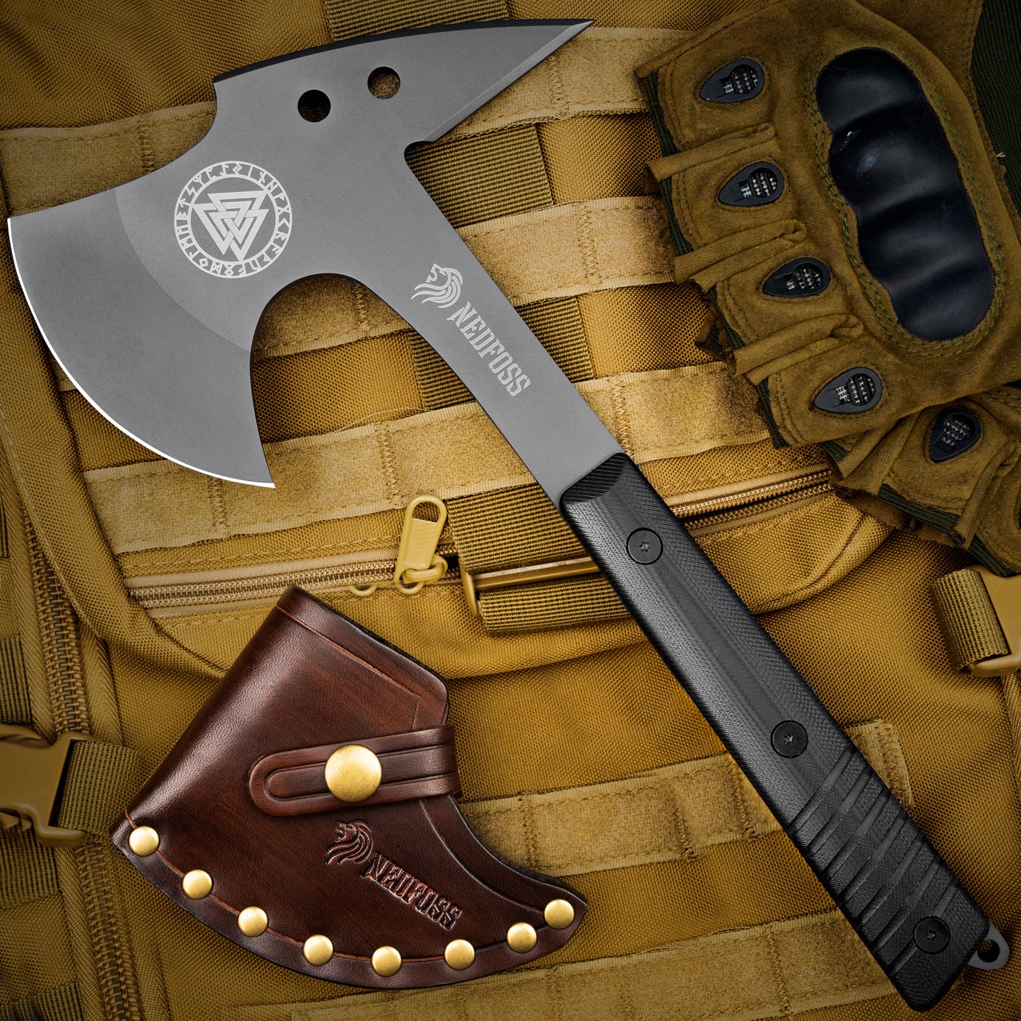 NedFoss EAGLE Tactical Axt, Scharfe Full Tang Outdoor Axt mit Scheide, Gute Buschausrüstung, Camping Axt mit G10 Griff, Bushcraft Axt