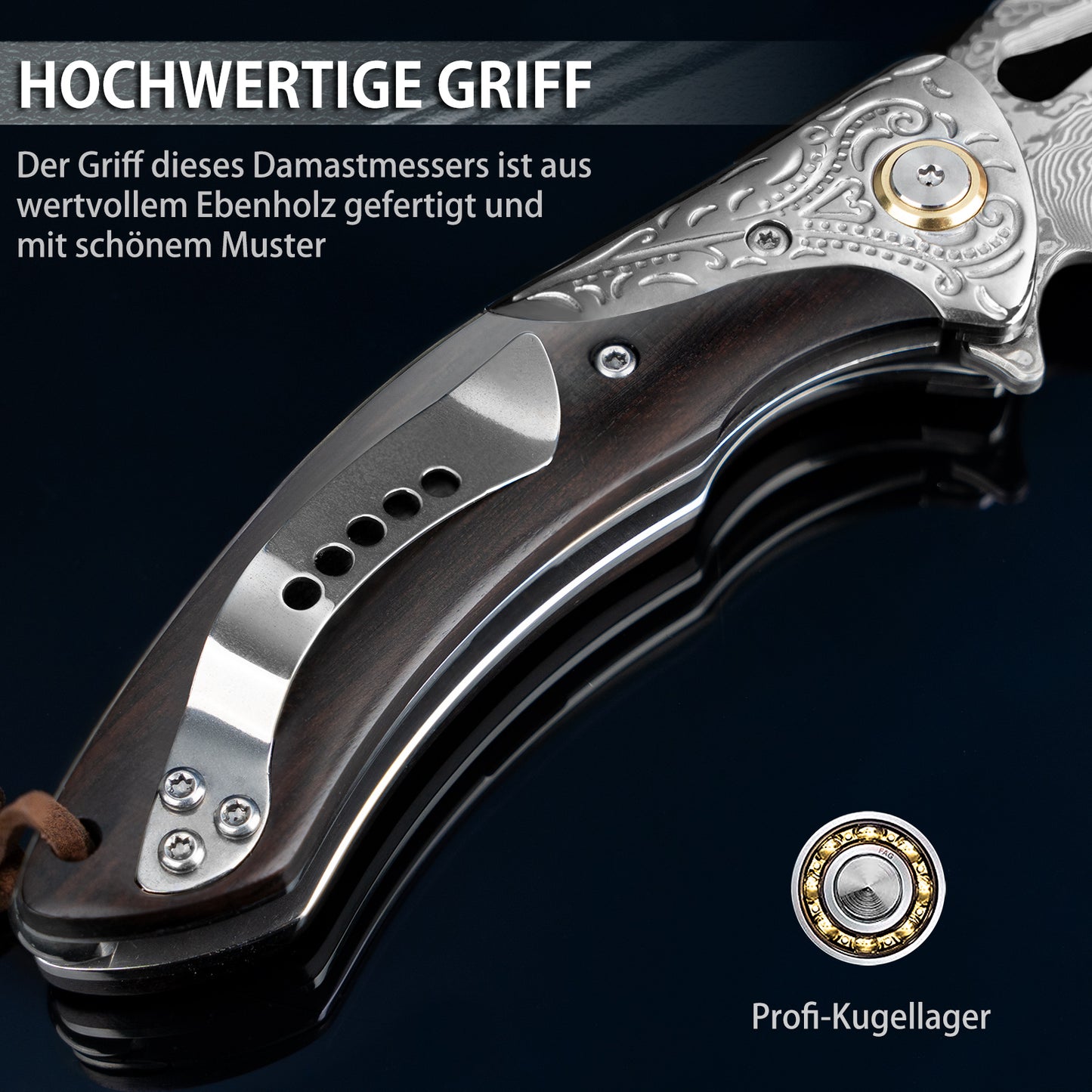 NedFoss GRIFFIN Damast Taschenmesser und Holzgriff, Damast Klappmesser mit Scheide, scharfes Jagdmesser, Geschenk Messer für Männer oder Frauen
