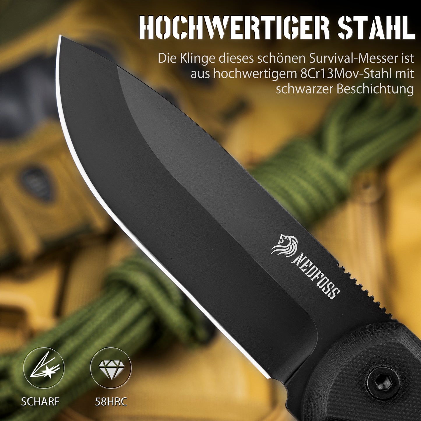NedFoss BLACK SEAL Outdoor Messer, 10.5cm Full Tang Survival messer mit Feuerstahl und Schärfer, Messer Outdoor feststehend mit G10 Griff