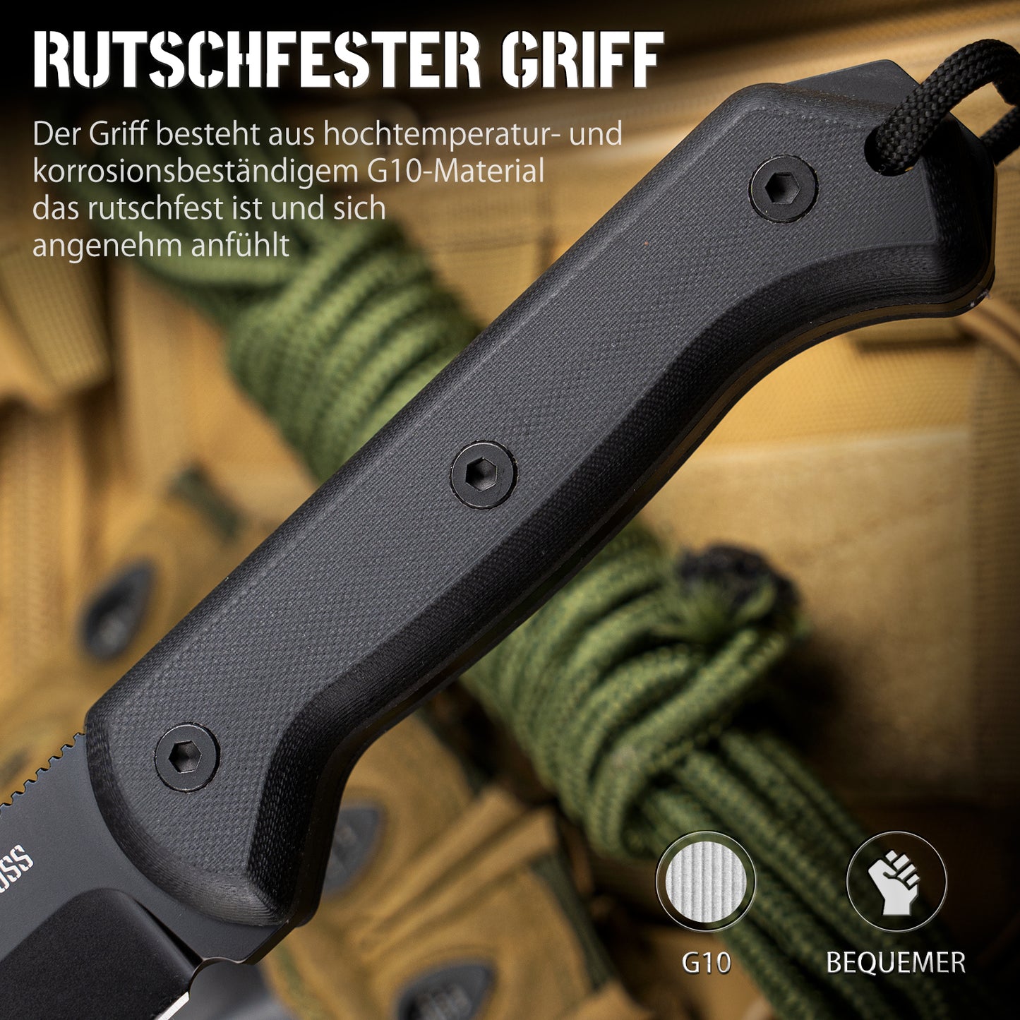NedFoss BLACK SEAL Outdoor Messer, 10.5cm Full Tang Survival messer mit Feuerstahl und Schärfer, Messer Outdoor feststehend mit G10 Griff