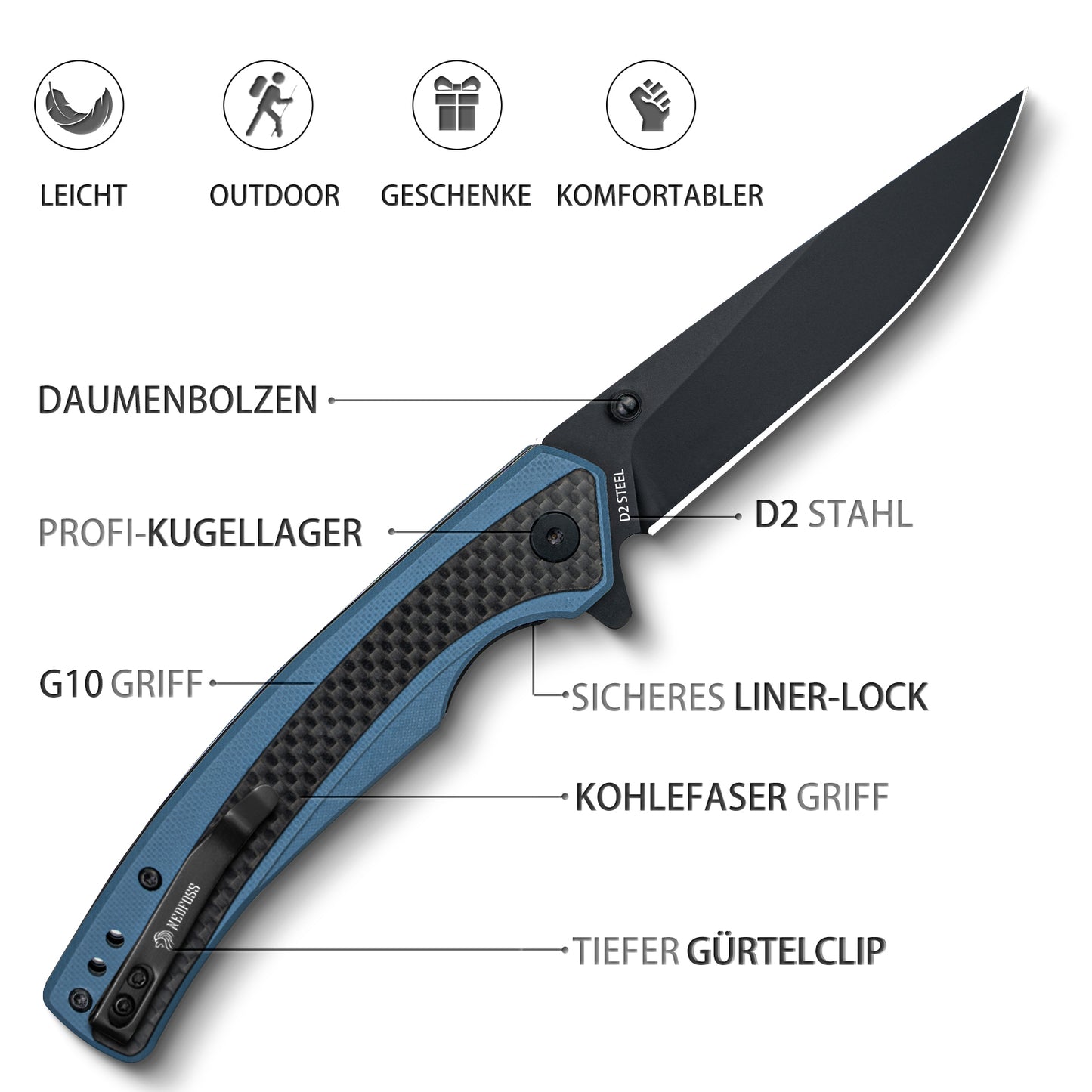 Nedfoss DOLPHIN Klappmesser, 9cm D2 Stahl Taschenmesser, scharf Klappmesser mit Kohlefaser Griff, Einhandmesser mit Gürtelclip