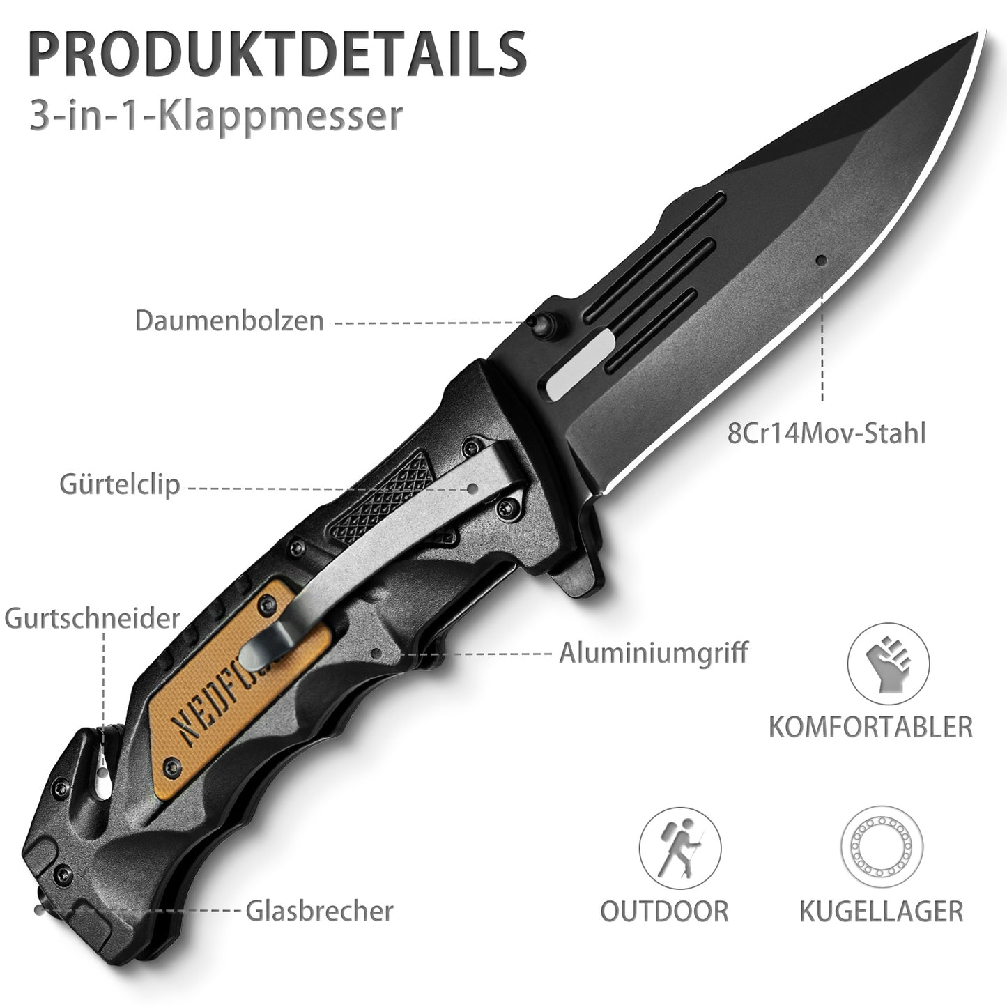 NedFoss DA75 Klappmesser - 3 IN 1 Taschenmesser mit Glasbrecher und Gurtschneider, Einhandmesser, Rettungsmesser, Überlebensmesser, Vielseitiges Survival Messer