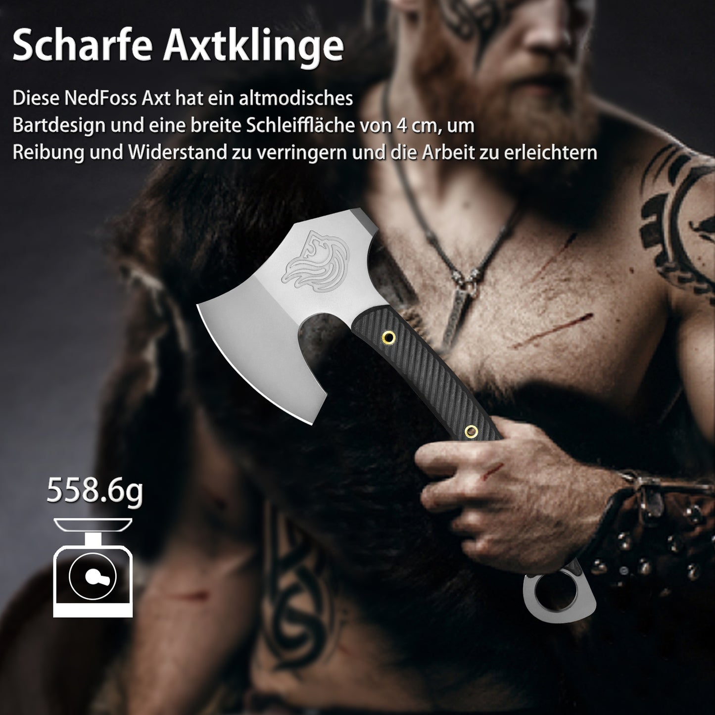 NedFoss VIKINGS Tomahawk, 31.5cm Full Tang Tactical Axt, Scharfe Wikinger Axt mit G10 Griff, Tomahawk Axt, Kampfaxt, Taktische Axt, Camping Axt, Axt Survival, Streitaxt, Bartaxt, Axt Wikinger mit Scheide