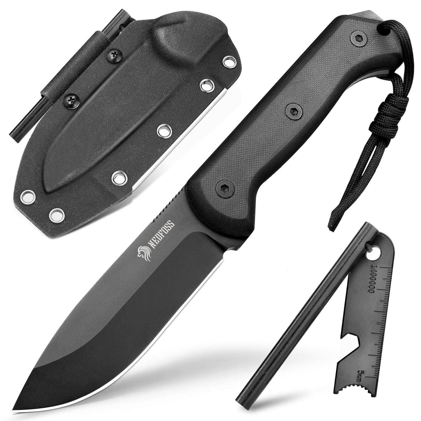 NedFoss BLACK SEAL Outdoor Messer, 10.5cm Full Tang Survival messer mit Feuerstahl und Schärfer, Messer Outdoor feststehend mit G10 Griff