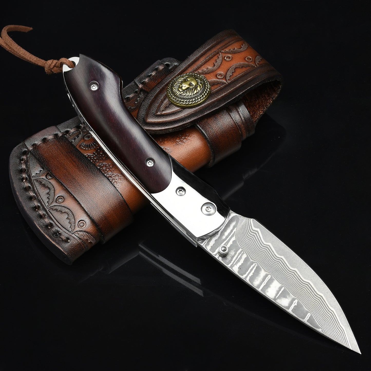NedFoss SWORDFISH Damast Taschenmesser, Damastmesser Klappmesser mit Exquisit leder Holster