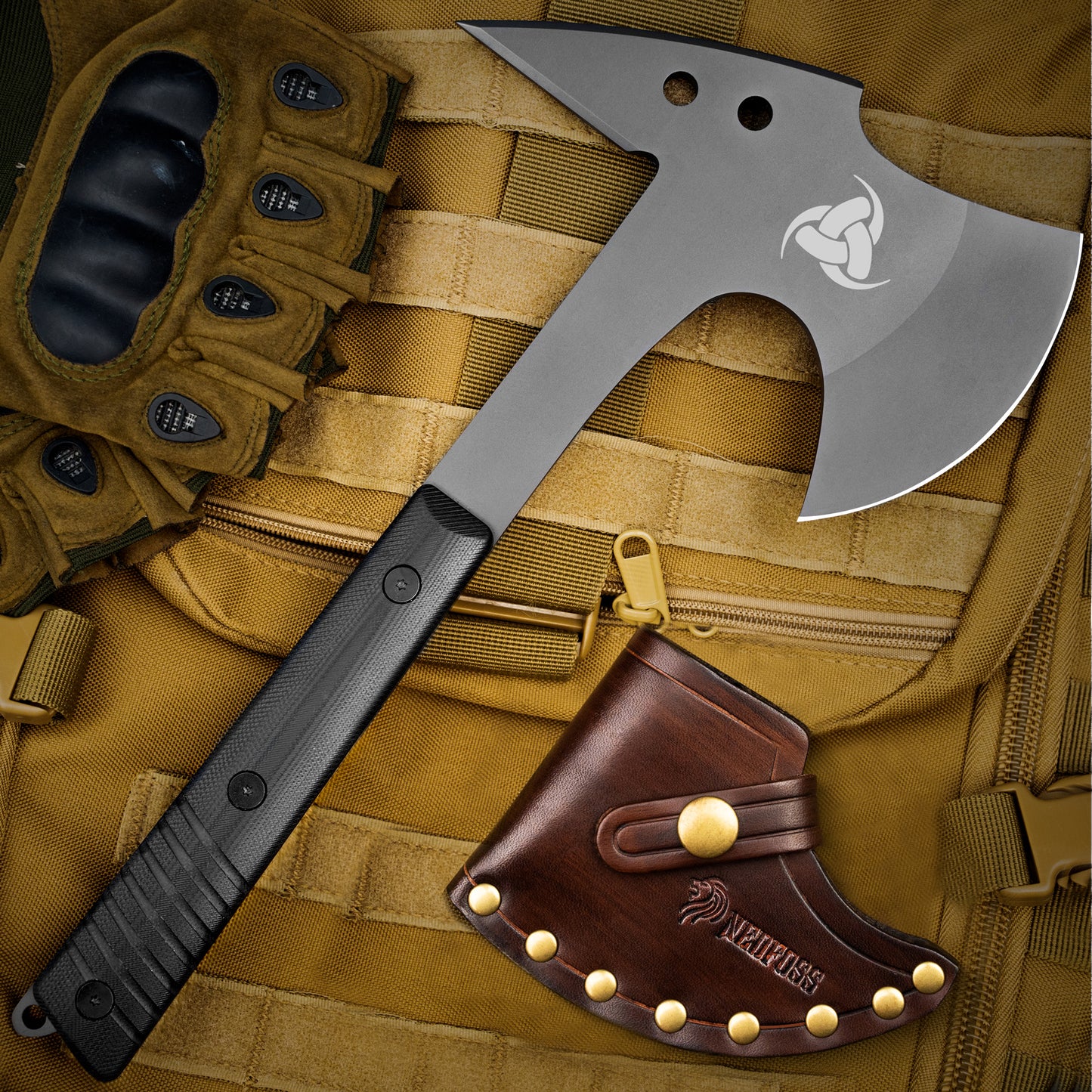 NedFoss EAGLE Tactical Axt, Scharfe Full Tang Outdoor Axt mit Scheide, Gute Buschausrüstung, Camping Axt mit G10 Griff, Bushcraft Axt